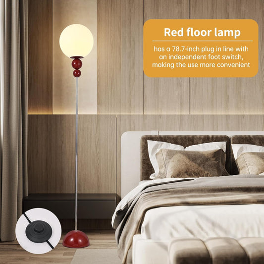 Red Floor Lamp for Living Room, Modern Floor Lamps for Bedroom，On/Off Foot Switch, Globe Standing Lights for Office Cafe, Includes E26 Bulb 15W Reading Corner Light Include 70.87in Plug Cord