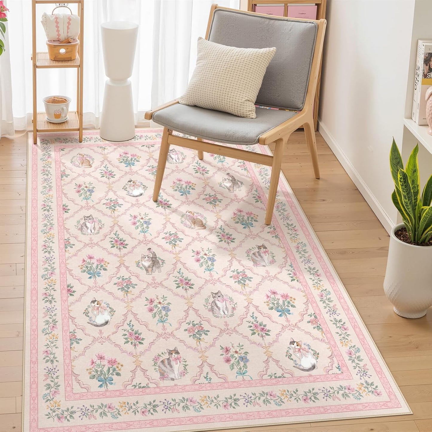 3x5 Pink Floral Cat Rug for Girls Bedroom, Washable Non Slip Small Area Rug for Nursery, Reading Nook, Kids Room, Soft Low Pile Vintage Carpet