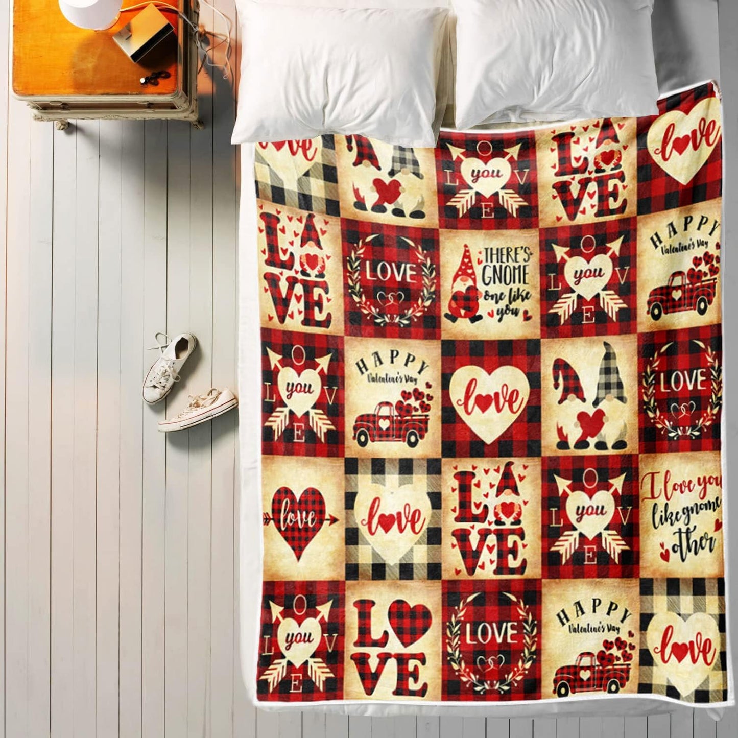 Happy Valentine's Day Throw Blanket, Buffalo Check Plaid Red Truck Gnomes Couples Lovers Lunch Rest Blanket, Cupid Sword Sweet Heart Blankets for Bed Couch Sofa 50X60IN