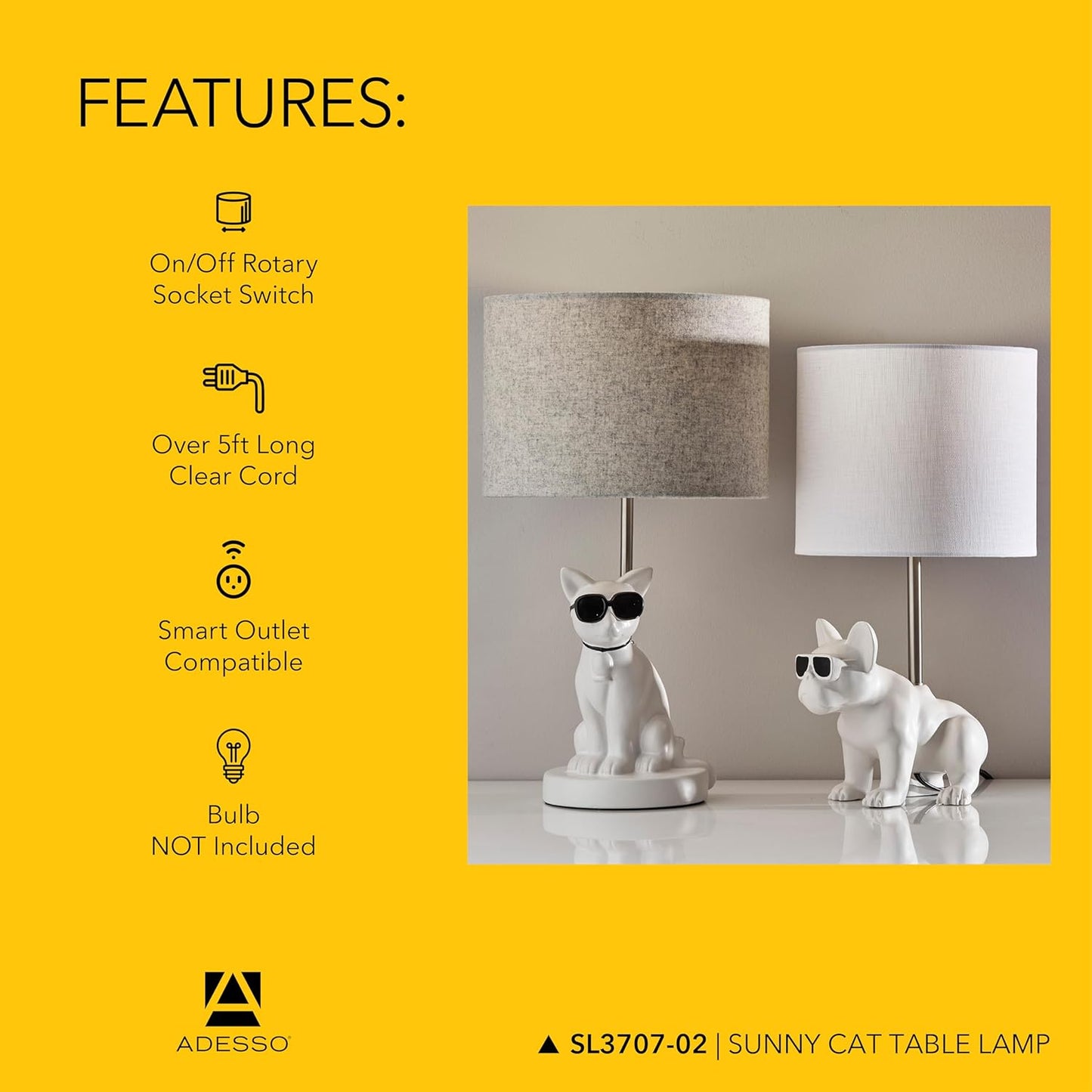 Adesso Sunny Cat Table Lamp – White Ceramic Novelty Lamp for Bedroom and Office Lighting or Living Room Décor, 18” x 10”