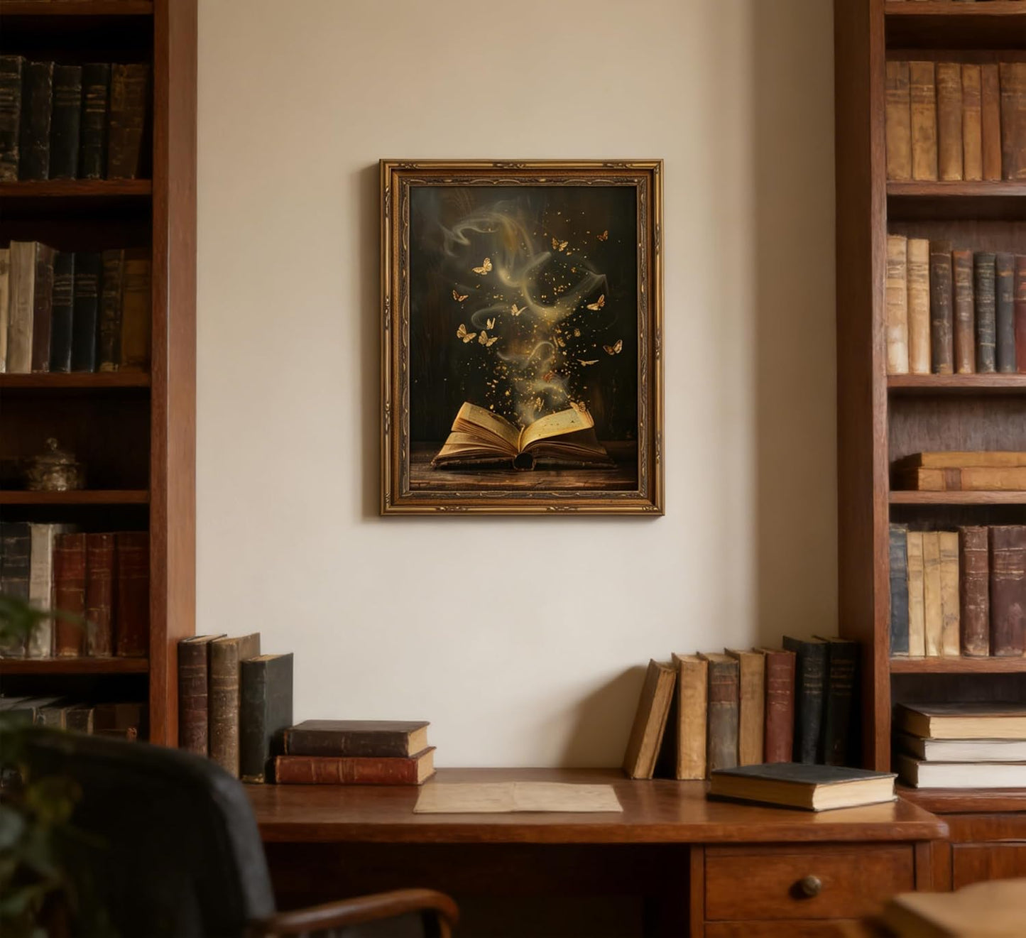 Vintage Gold Framed Victorian Bookish Wall Art Dark Academia Library Fantasy Mystical Canvas Print Reading Nook Butterfly Aesthetic Picture Wall Decor Gothic Bookclub Poster Artwork for Library
