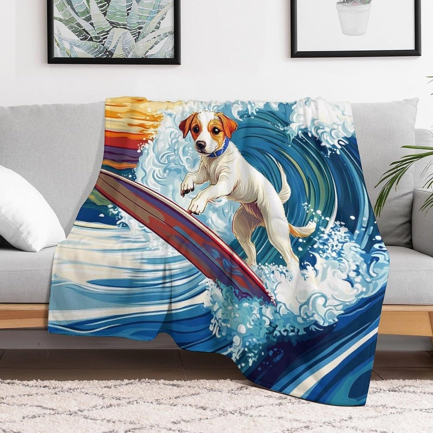 Surfing Jack Russell Dog Throw Blanket for Couch Bed Plush Cozy Fuzzy Flannel Blanket for All Season 50"x60"