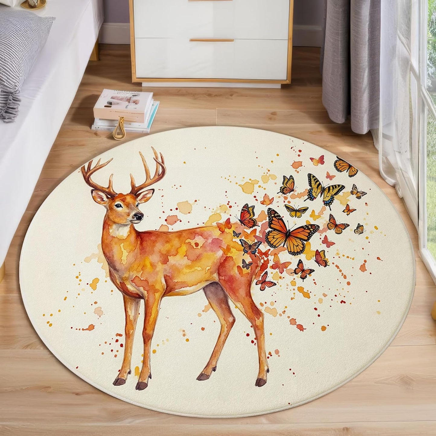 Round Rug for Kids Room, Watercolor Deer Butterfly Round Rugs 3Ft, Simple Animal Design Circle Rug, Beige Washable Circle Carpet for Living Room Bedroom, Non Slip Low Pile Thin Area Rugs