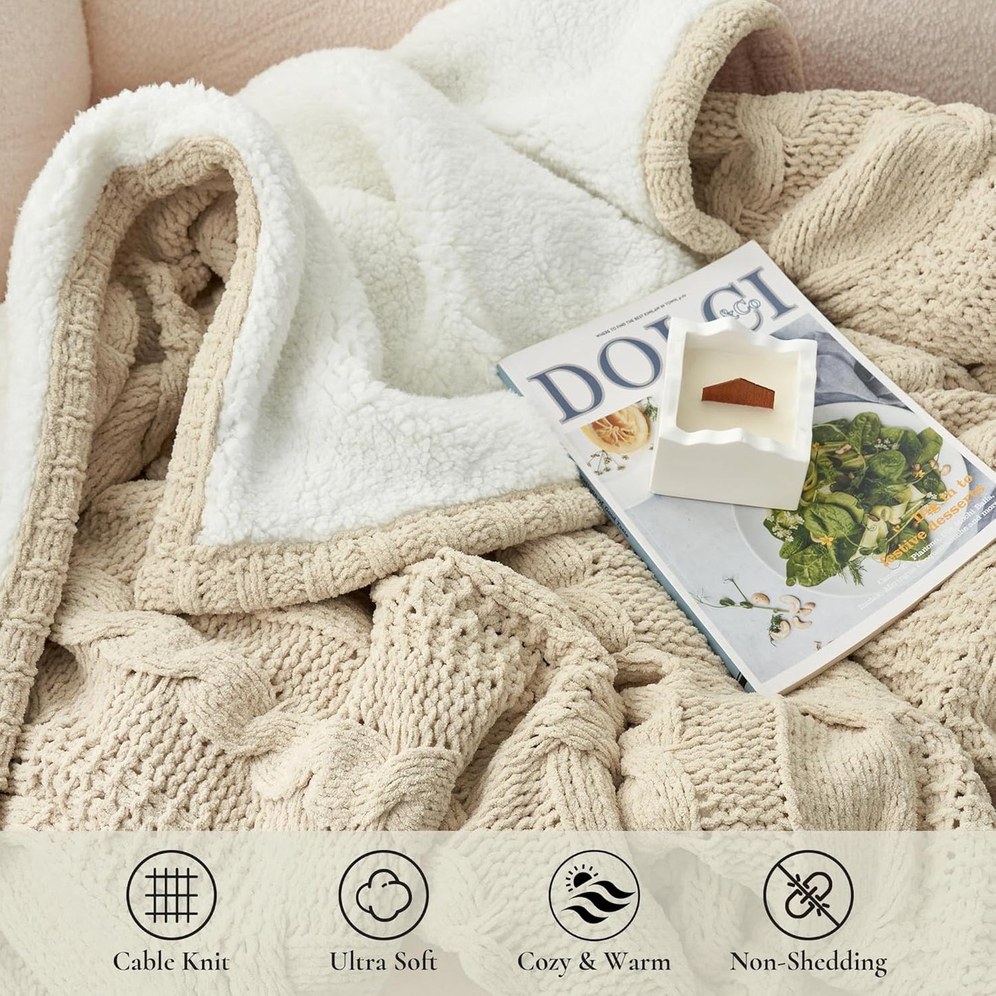 Amélie Home Cable Knit Throw Blanket for Couch, Chenille Sherpa Soft Cozy Throw Blankets for Sofa Chair Comfortable Home, 50"x60", Beige