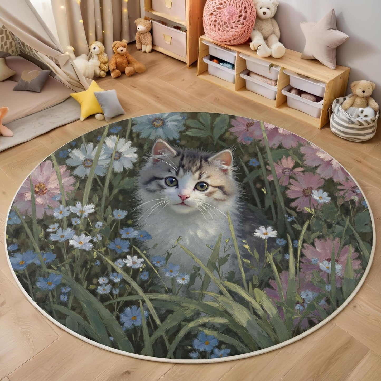Washable Cats Flowerbeds Oil Paintings Area Rug, 3Ft Round Rugs for Living Room Soft Carpet for Bedroom Rustic Landscape Indoor Stain Resistant Non-Shedding Floor Carpet, Dark Green, 3Ft-Round