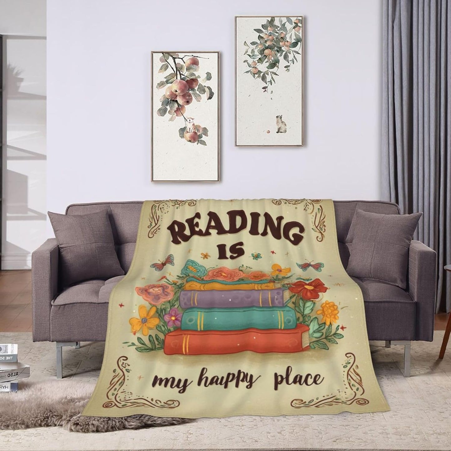 Book Lover Blanket, Reading is My Happy Place Throw, Retro Floral Bibliophile Gift for Women Teachers Librarians, Soft Flannel Fleece Blanket, Cozy Cottagecore Bookish Room Decor 60"x50"