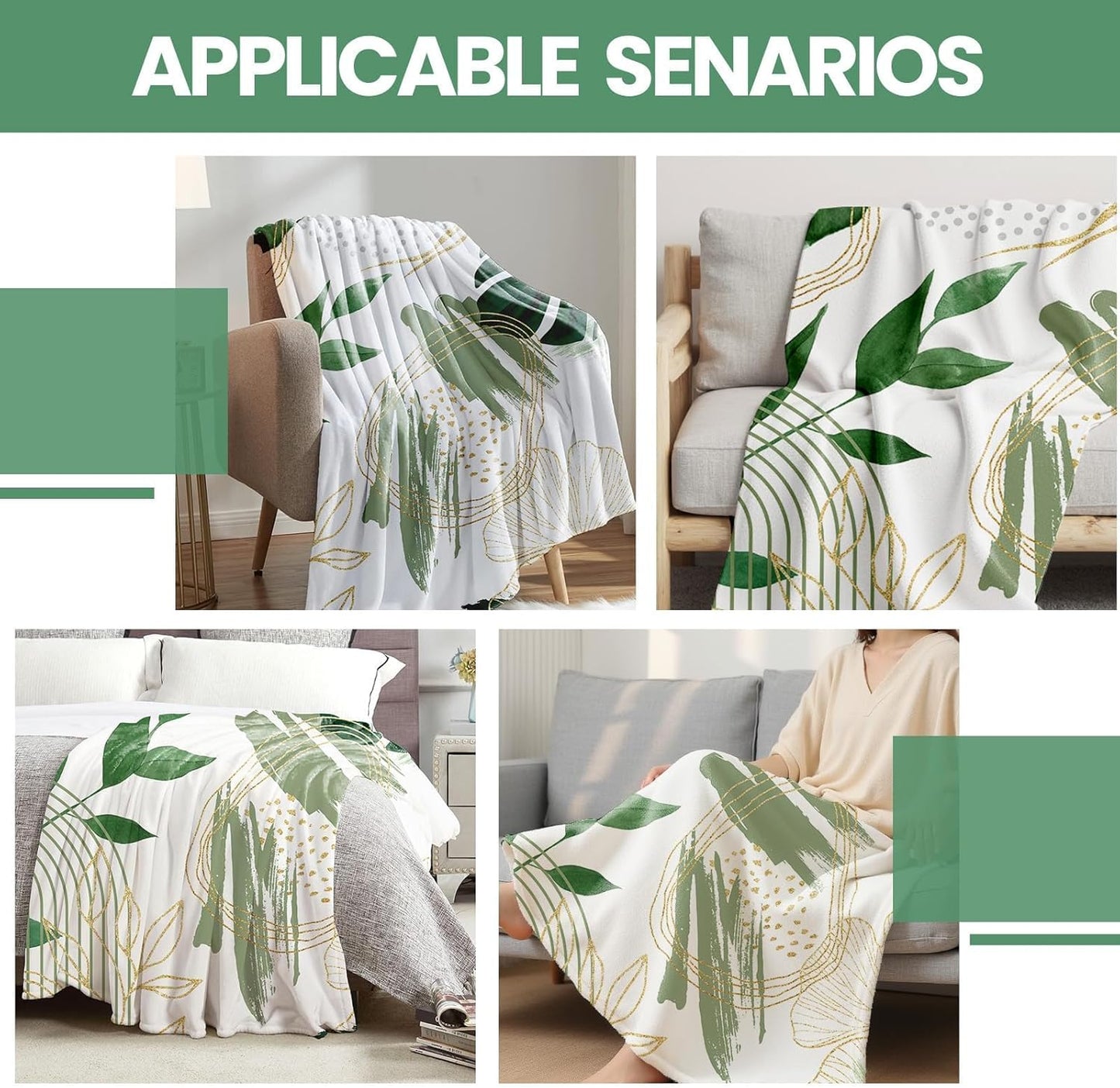 Sage Green Leaf Twin Blanket Mid-Century Green and Gold Boho Flannel Blankets for Bed Living Room Sofa, Decorative Patterned Super Soft Cozy, 60x80 in