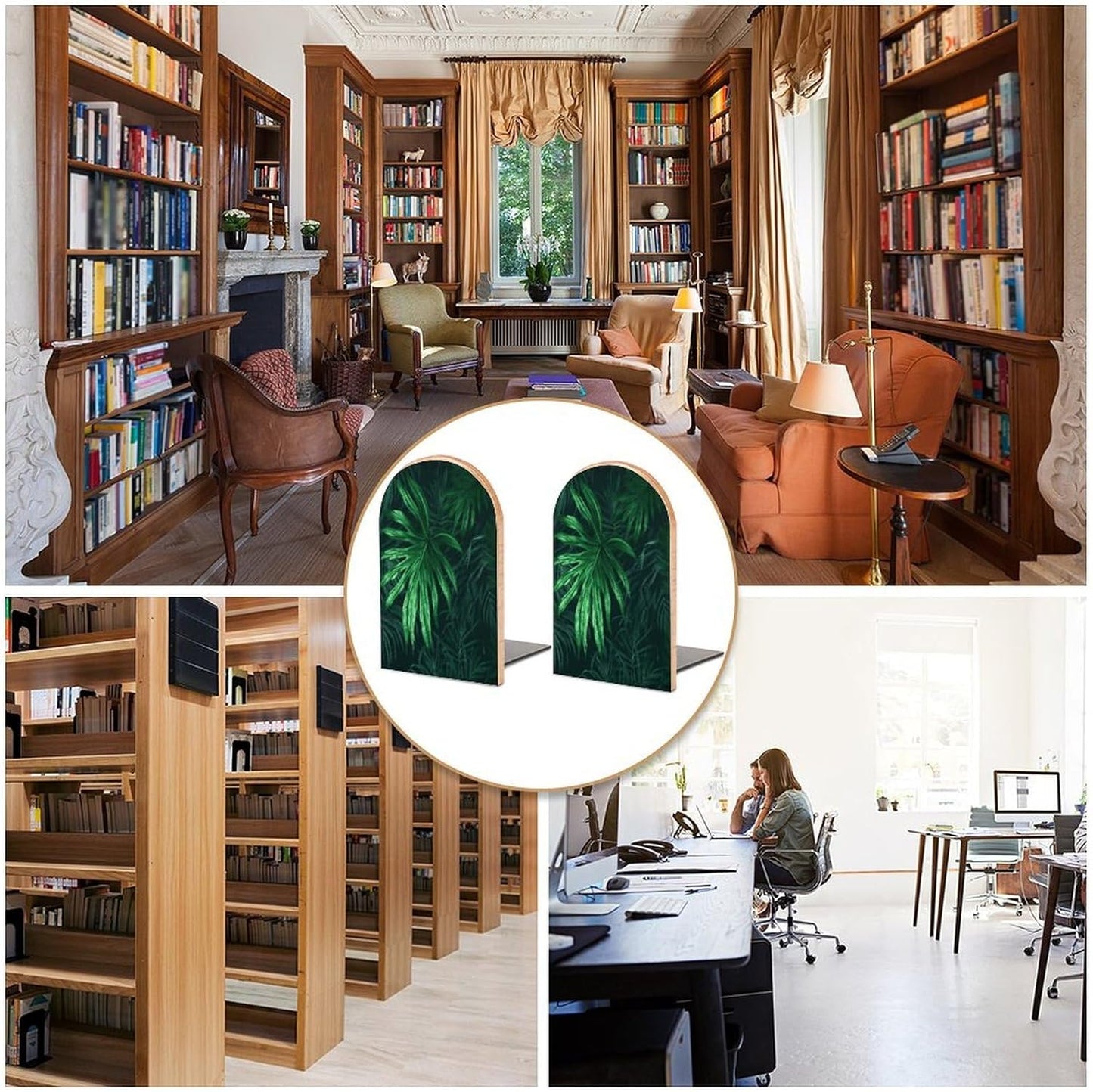 Green Tropical Jungle Plant Bookends 1 Pair Heavy Duty Book Ends for Shelves Non-Skid Bookend Supports Wooden Book Holders with Metal Base Desk Organizers Books Storage to Hold Books