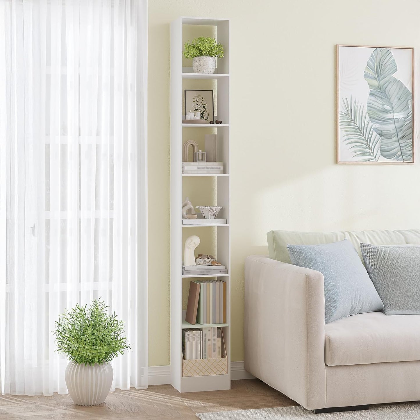 Bookcase, Tall Narrow Bookshelf, Open Display Storage Shelf, Skinny Cube Book Shelf with Adjustable Shelves, CD Rack for Living Room, Home Office 7-Tier(9.4 x 11.8 x 84.3 inch) White BC79703X
