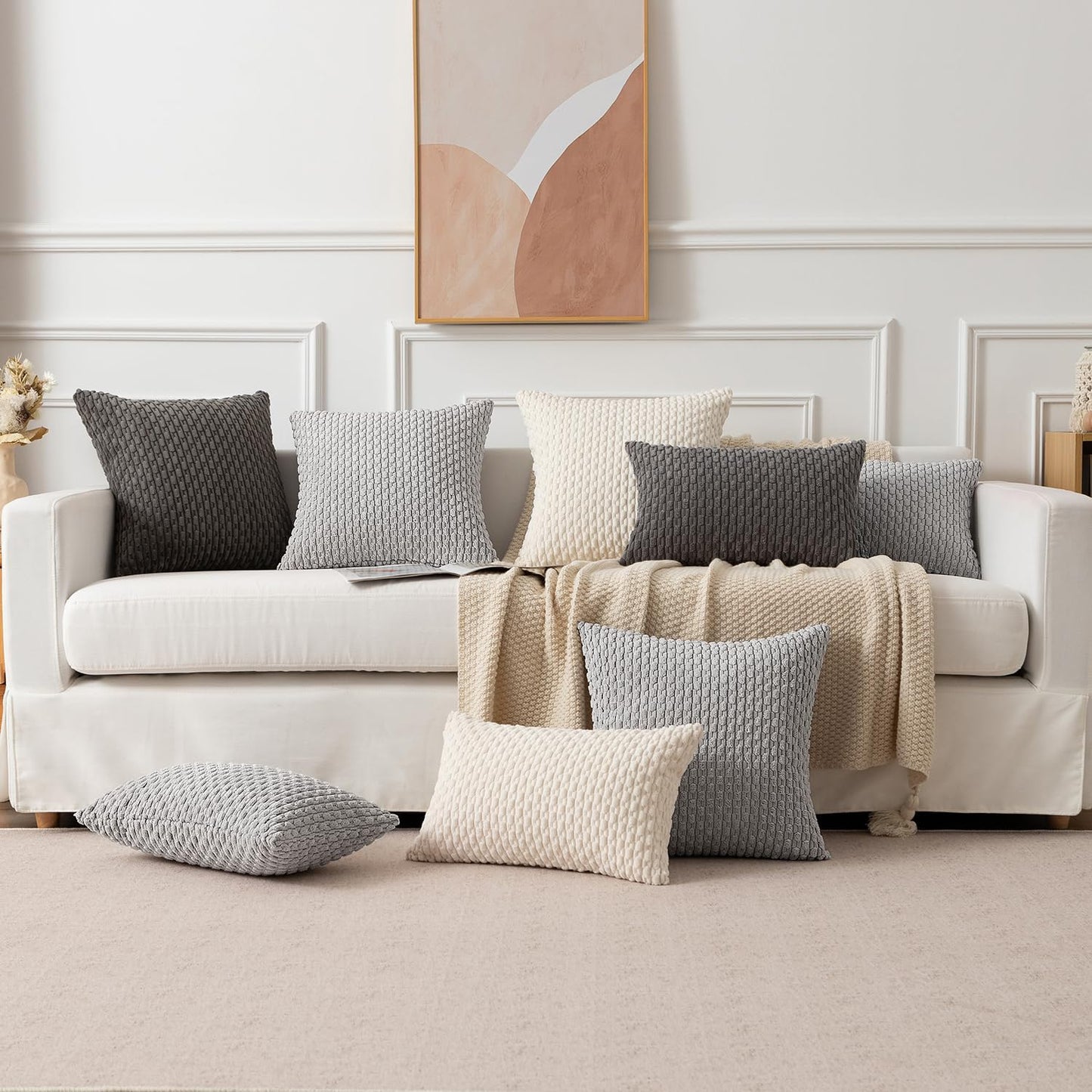 Kevin Textile Decor Solid Decorative Pillow Case Striped Jacquard Cushion Cover for Lumbar Light Grey 12x20 Inch (30x50cm) 2 Pieces