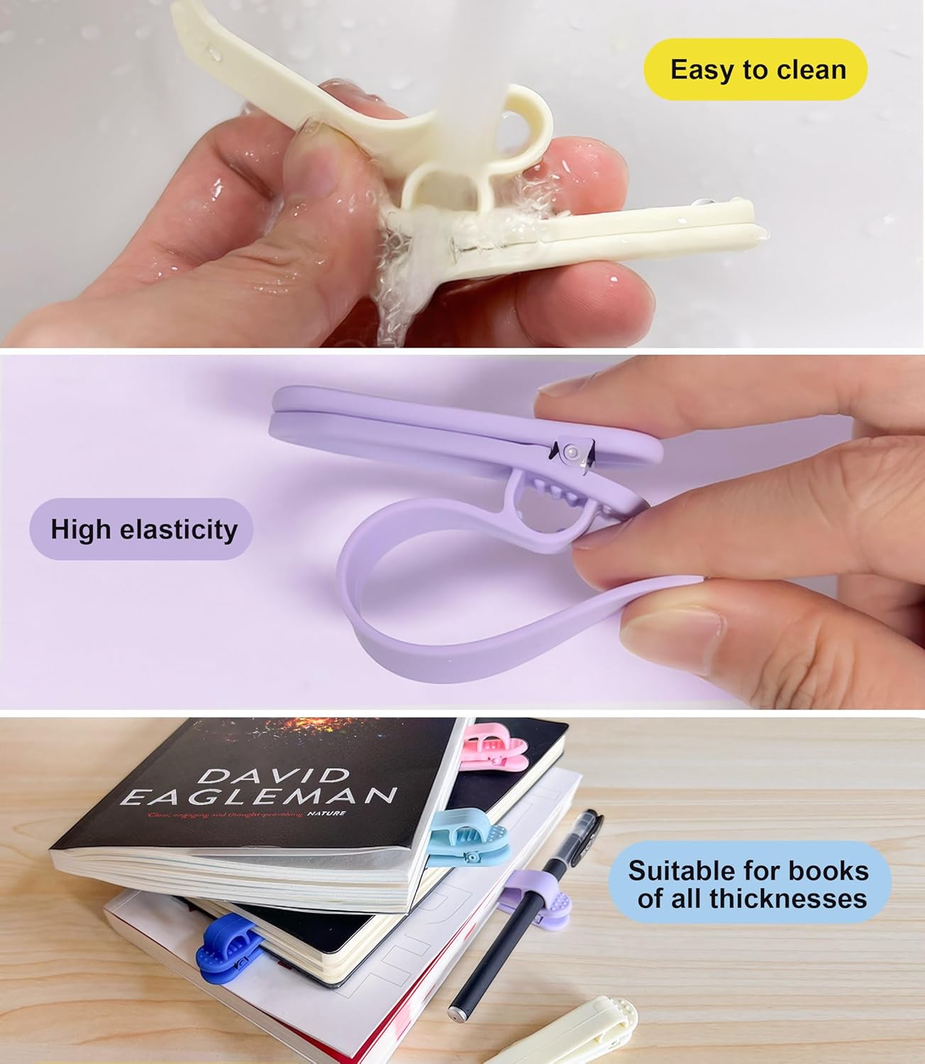 Nearockle 4Pcs Automatic Bookmark, Upgraded Silicone Book Marks with Pen Holder Slot for Women, Men, Kids, Book Lovers, Reading Accessories Bookish Gifts for Teacher, Student