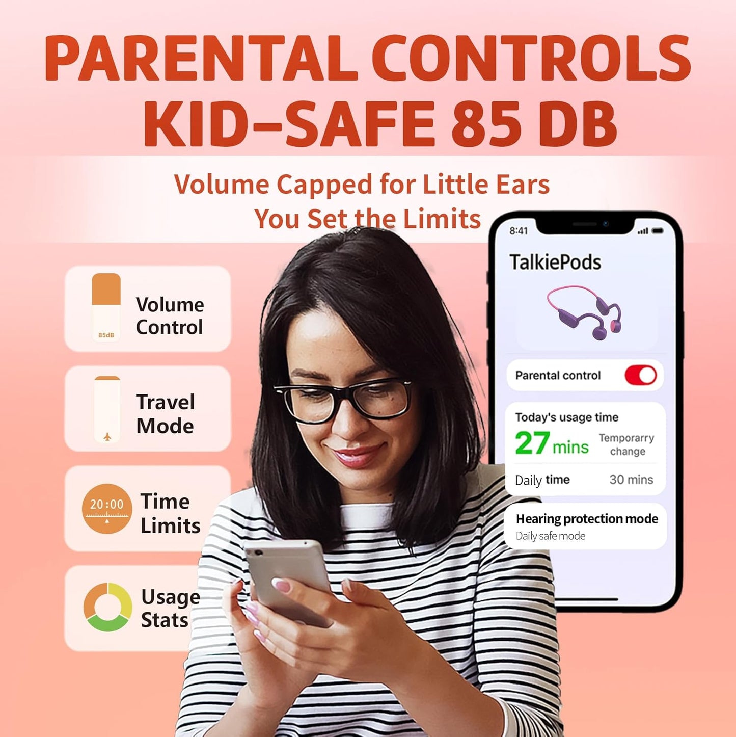 Kids Bluetooth Headphones, Air Conduction Open-Ear Headphones, Mic/Touch, 85dB Limit, Parental Control, Clear Audio, Lightweight, Rugged & Durable, IP54/20H, Earbuds for School/Travel - Red Yellow