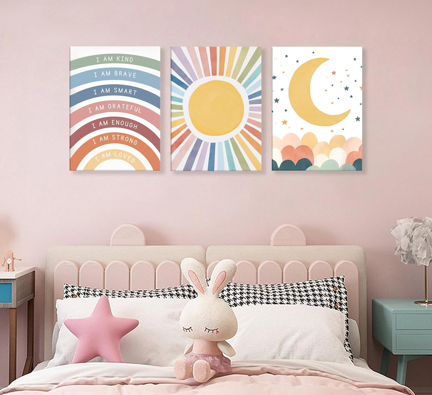 KBIERQN 3Pcs Boho Sun moon Canvas Wall Art Nursery Positive Affirmations Rainbow Poster Prints Bohemian Star Heart Picture for Toddler Baby Girls Room Playroom Bedroom Wall Decor 16x24in Framed