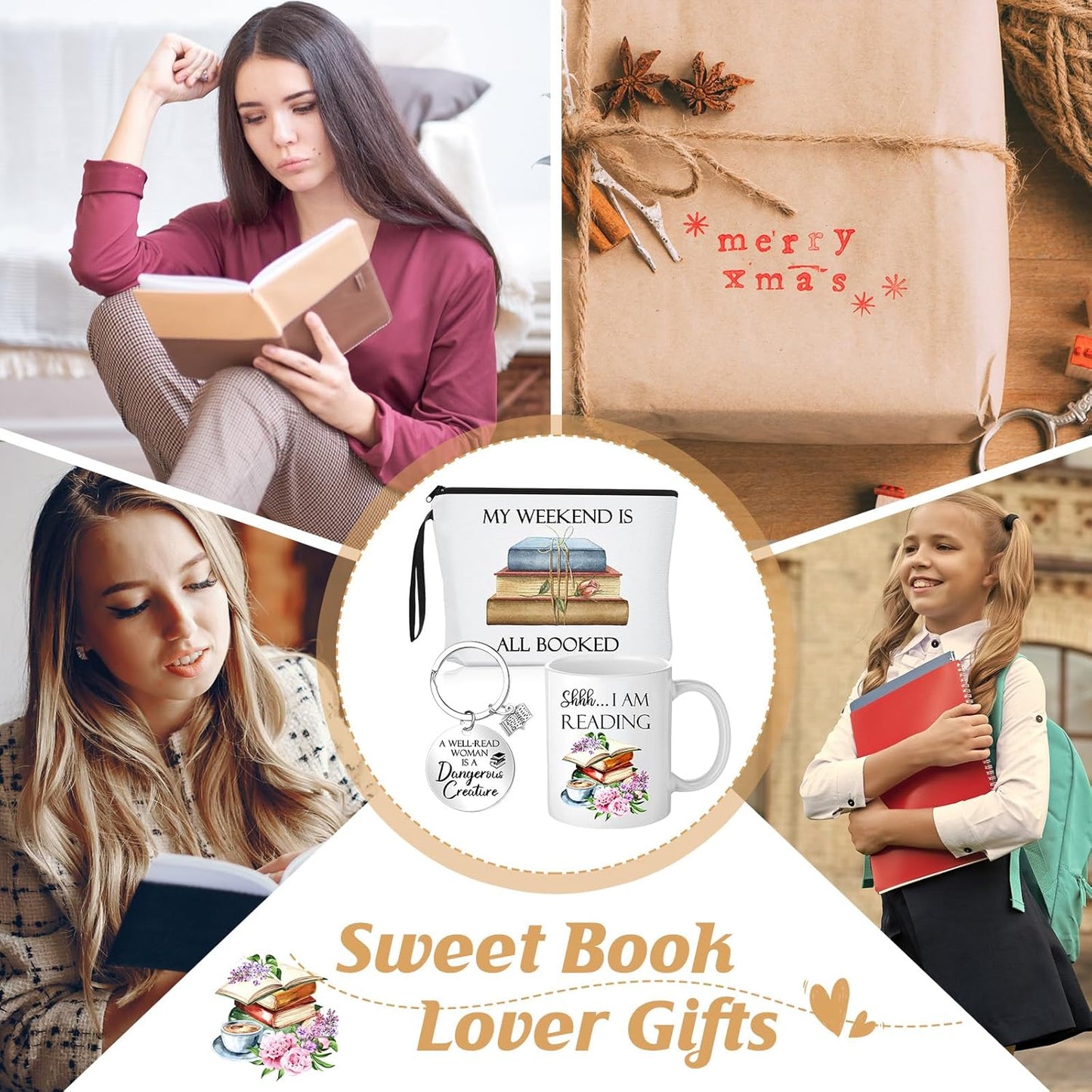 Inbagi 3 Pcs Book Lover Gifts for Women Cosmetic Bag Coffee Mug with Keychain for Reading Lovers Book Club Literary Librarian Friend Christmas Birthday Gifts