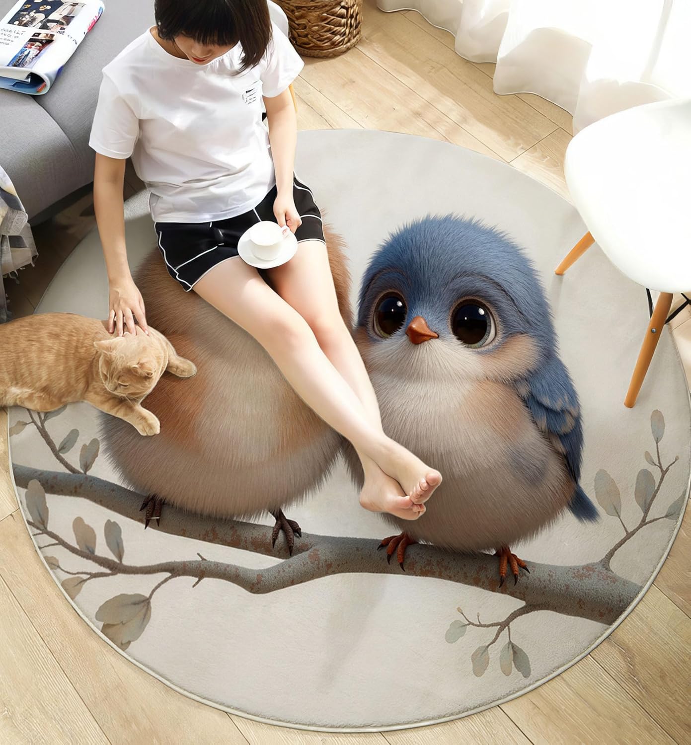Round Area Rug, 3Ft Washable Non-Slip Beige Cute Plush Bird Circle Rug, Soft Low-Pile Cartoon Animal Indoor Small Circular Carpet for Bedroom Entryway Dining Living Room