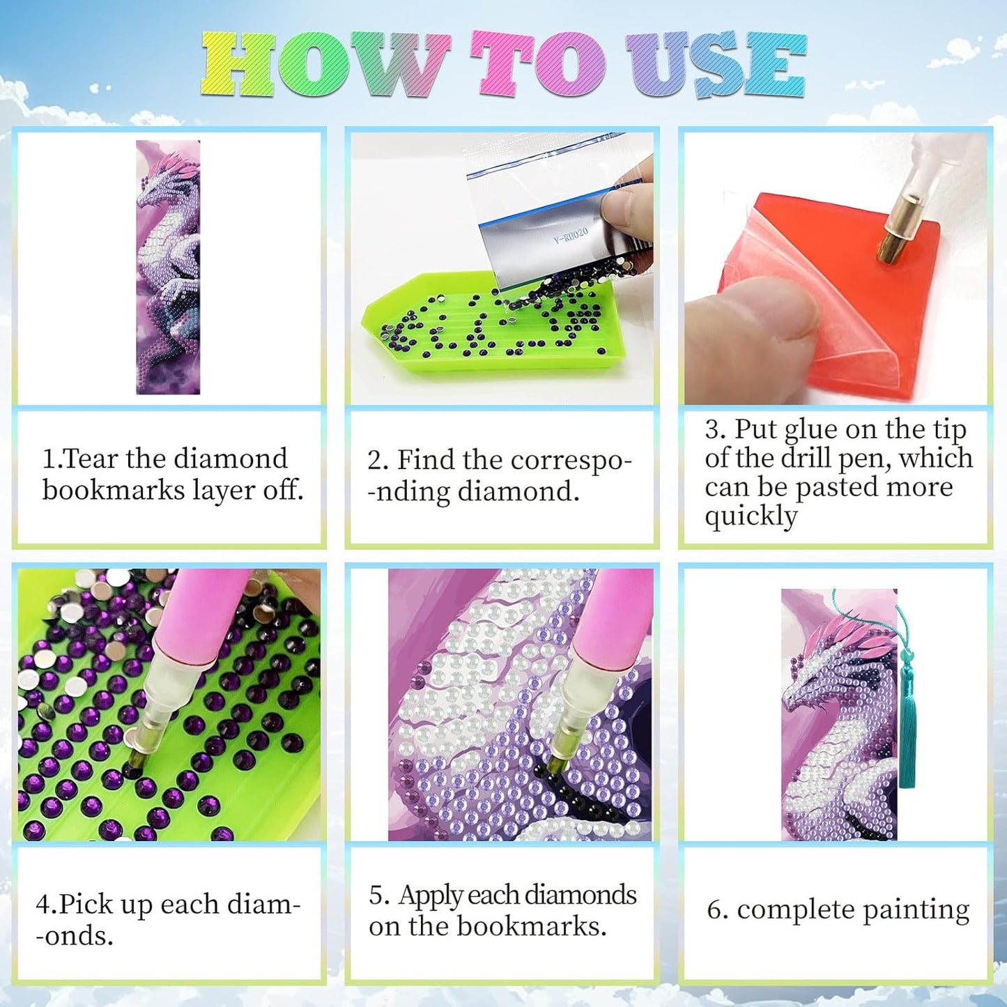 beinkmake 8Pcs Dragon Diamond Art Bookmarks Books Diamond DIY Painting Bookmarks Anime Dragons Rhinestones Beaded Acrylic Tassel Bookmark for Adult Beginner Crafts