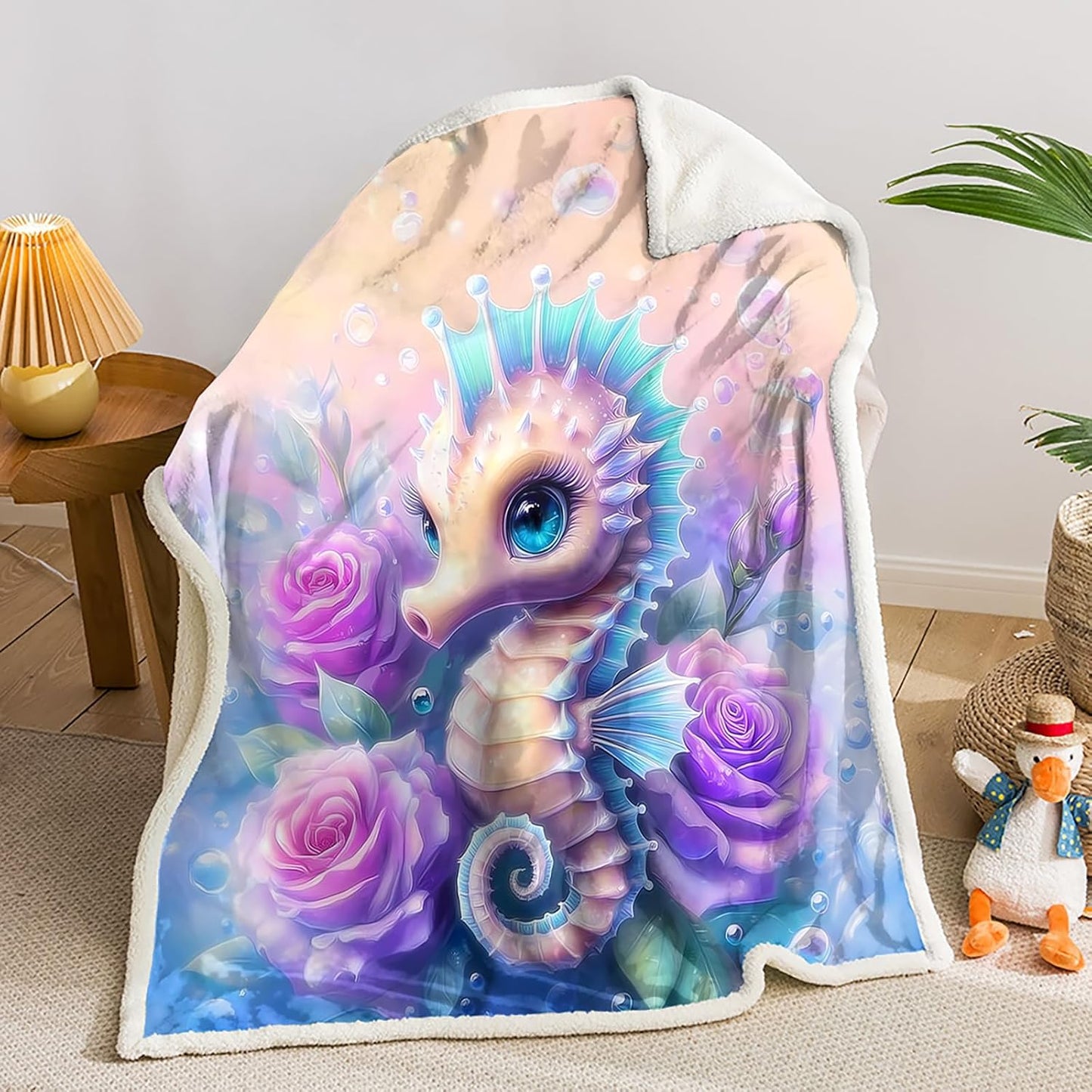 AILONEN Cartoon Rainbow Seahorse Sherpa Fleece Throw Blanket,Ocean Animal Floral Sherpa Blankets for Kid Teen Girls,Colorful Bubble Blanket for Bed Sofa Couch Decor,Soft and Cozy, 59 x 47 Inches