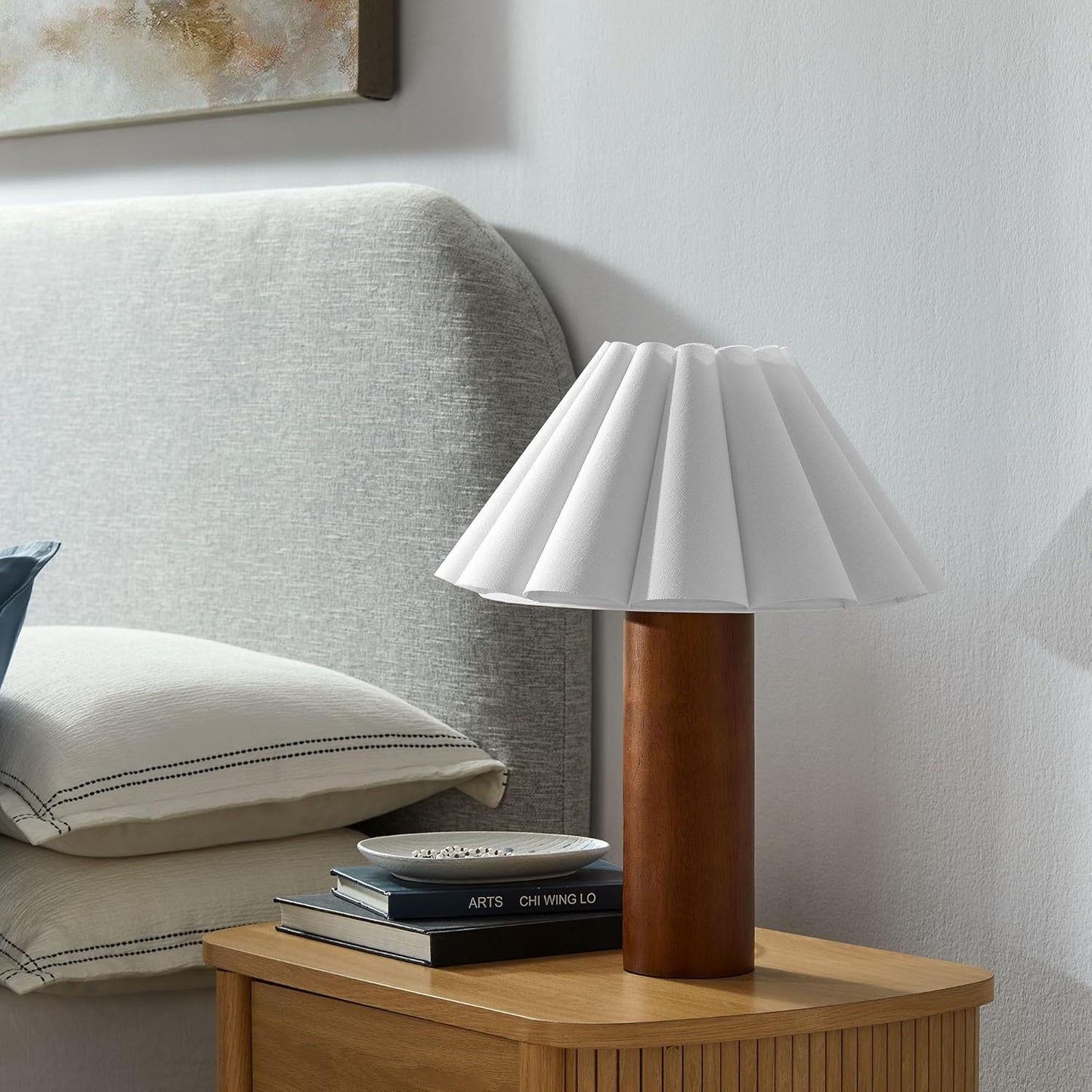 Modway Flora Table Lamp with Pleated Petal Lampshade in Walnut