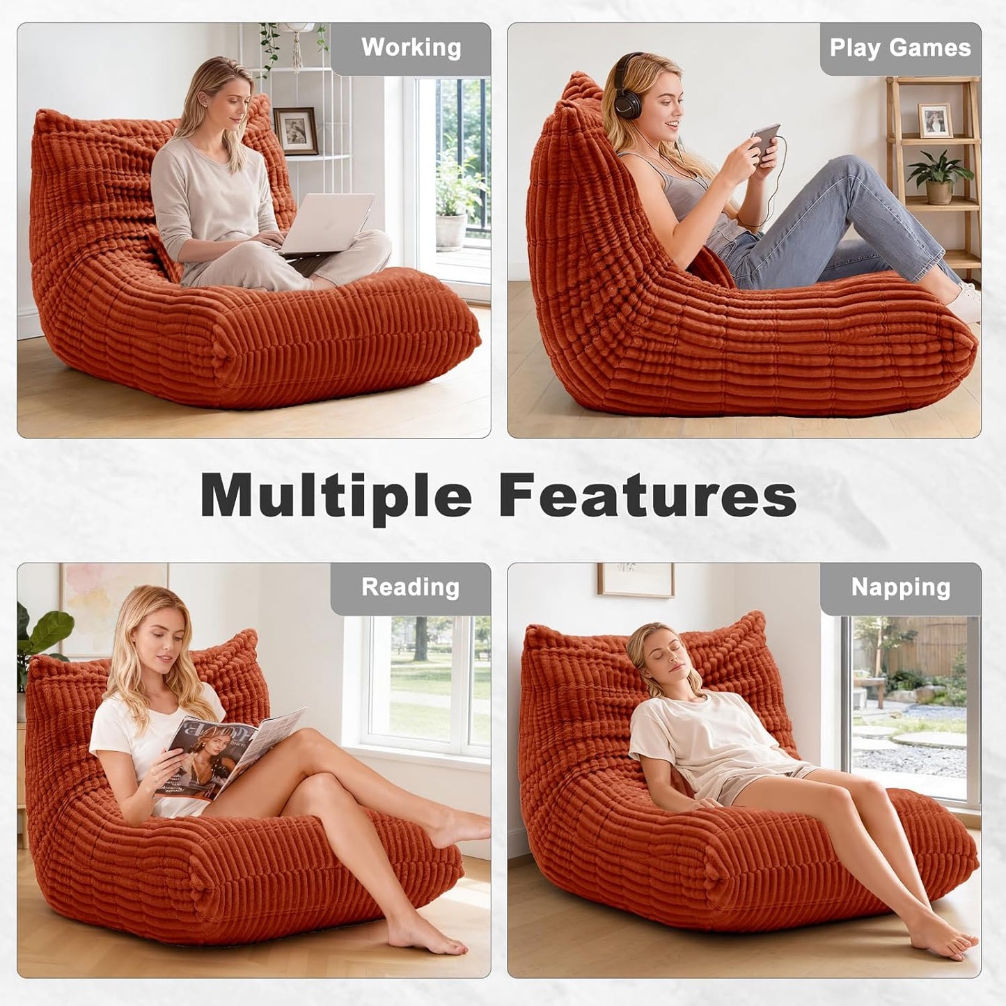 Bean Bag Chair with Lumbar Pillow, Gaint Bean Bag Chairs for Adults, Oversized Corduroy Beanbag Chair with Memory Foam Filled, Lazy Floor Sofa for Reading Gaming Living Room Bedroom (Orange)