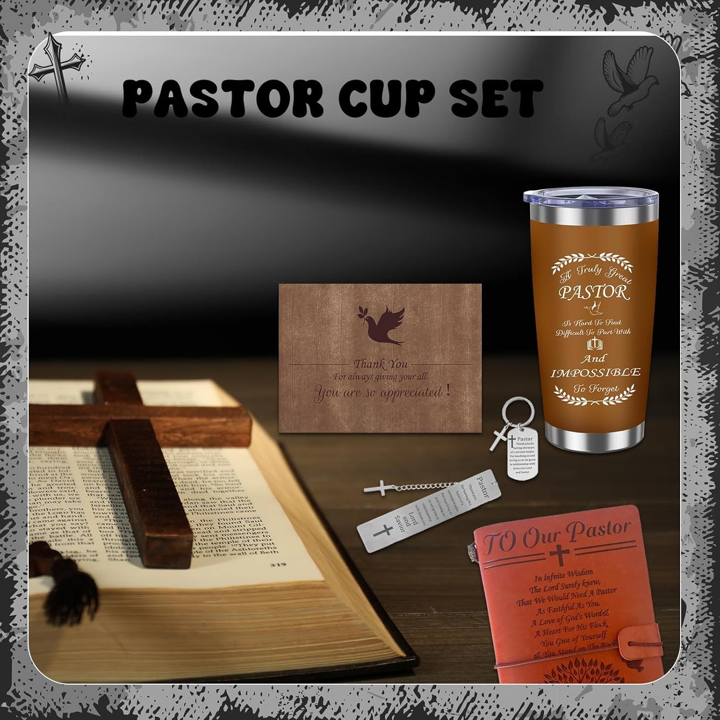 8 Pcs Pastor Appreciation Gifts Set Includes 20 oz Stainless Steel Cup Socks Bookmarks Keychains Notebook Pen Thank You Card for Gift Boxes for Pastor Day Christmas Church Clergy Birthday Gifts