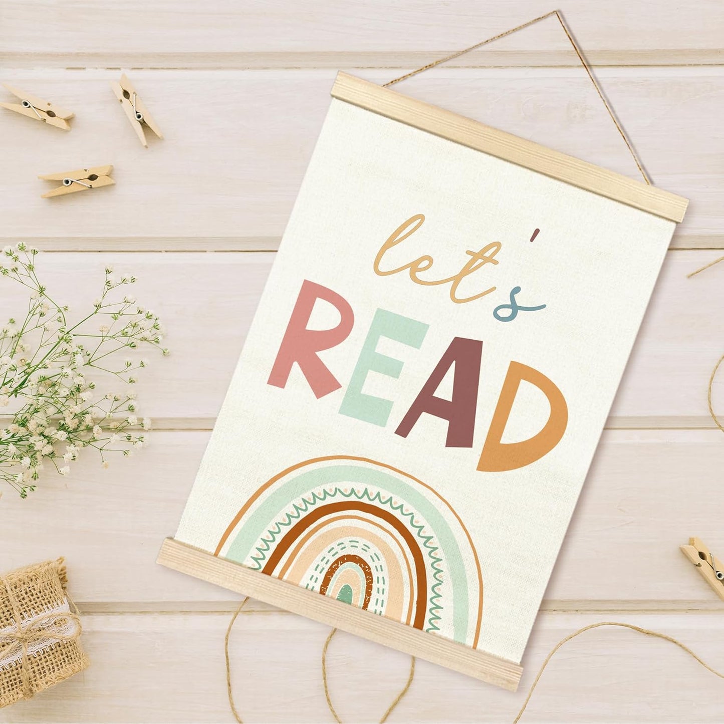 TAEDIN Let’s Read Reading Corner Poster Hanger Frame, Baby Boys Girls Wooden Canvas Artwork Print Hanging Sign Boho Rainbow Reading Book Lovers for Nursery Preschool Classroom Decor 12X16