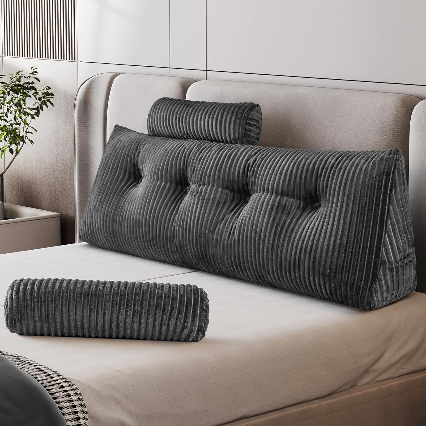 Z-hom Large Wedge Pillow Headboard, Full Triangular Headboard Pillow, Reading Pillow Bed with a Roll Pillow for Bed Sitting Up Sleeping, Backrest Cushion Headboard Gap Pillow for Back,Grey