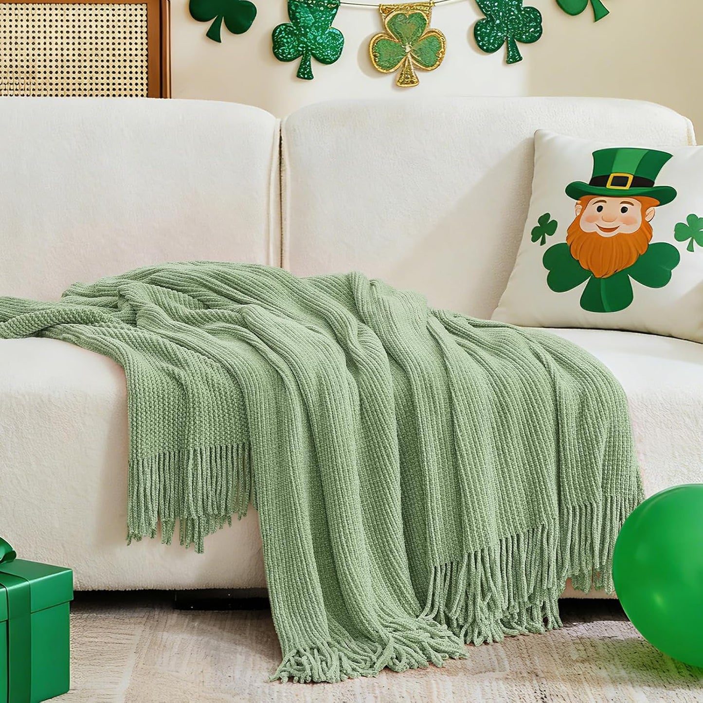 inhand Basil Green Throw Blanket for Couch Bed,St. Patrick’s Day Lucky Spring Gifts Throw for Men Women,Chunky Chenille Woven Soft Warm Blanket,Boho Farmhouse Cozy Decor,60"x80",Medium Thick,