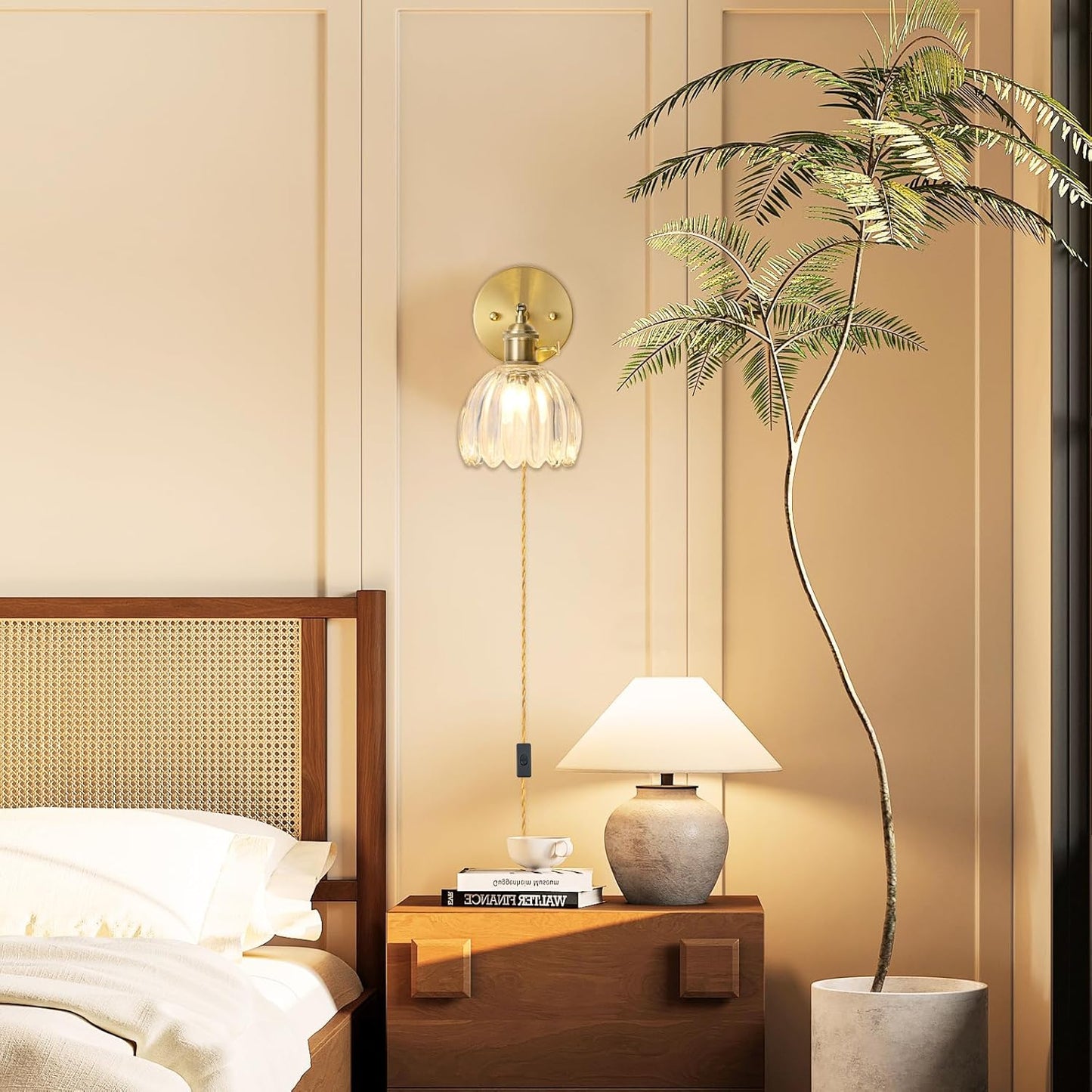 Plug in Wall Sconce, Vintage Sconce Light with Tulip Transparent Glass Lampshade, Bedside Wall Sconce with Switch and Plug in Wall Lamp Cord, Gold Wall Light for Bedroom