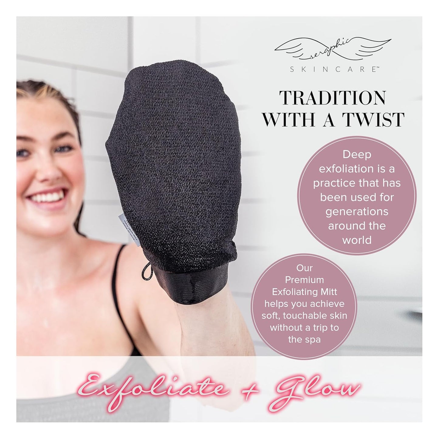 Seraphic Skincare (Original) Premium Exfoliating Mitt for Body (1pc) – 100% Vegan Viscose Traditional Body Scrub Glove Kessa Korean Washcloth – Body Exfoliator for Self-Tan Removal & Keratosis Pilaris