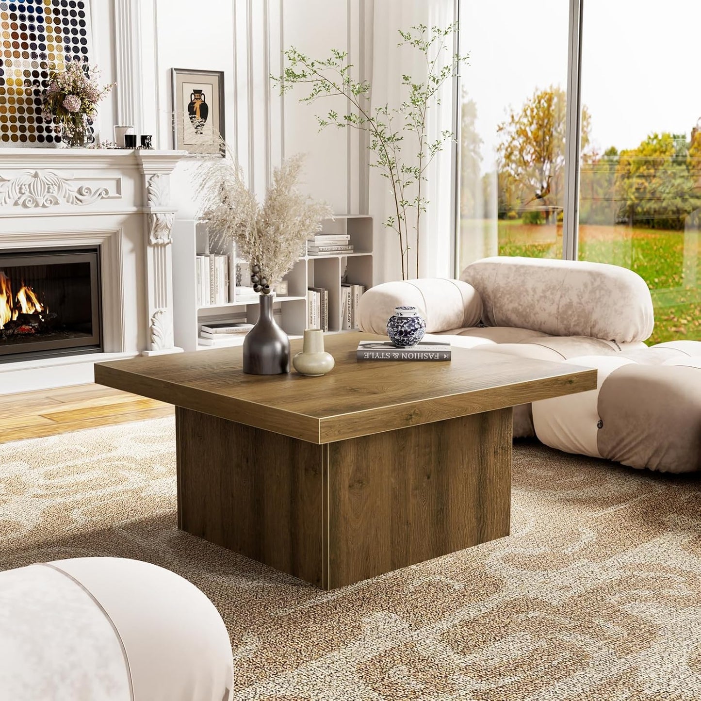 Square Coffee Table,Wooden Living Room Table,Center Table with a Large Tabletop,35.4" x 35.4",for Small Spaces, Apartments, Living Rooms, Vintage Brown