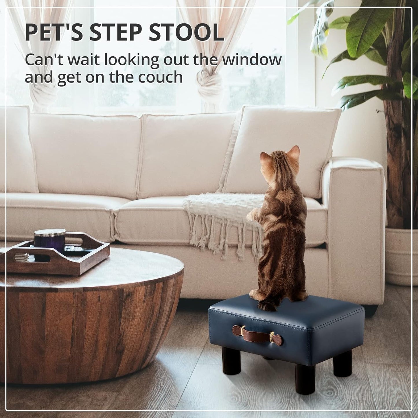 Small Foot Stool with Handle, Blue PU Leather Short Foot Stool Rest, Rectangle Storage Foot Stools Ottoman with Plastic Legs, Padded Footstool Small Step Stool for Living Room, Office, Desk, Patio
