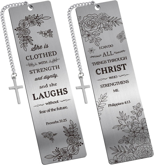 Christian Metal Bookmarks Gifts - 2 Pcs Bible Verse Inspirational Book Marks for Women Religious Cross Plant Unique Page Markers Reading Birthday Student Teacher School Office Accessories