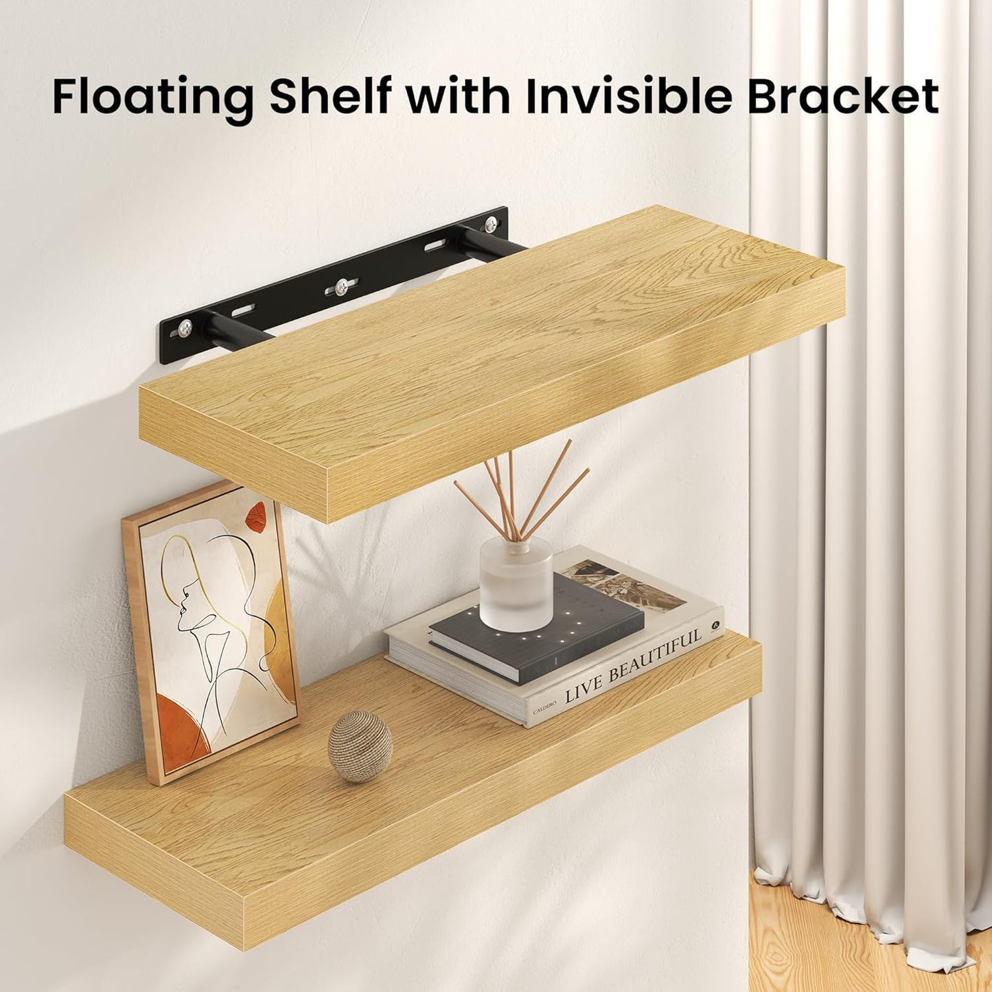 Square Floating Shelves for Wall, 10" W x 10" D x 1.4" H, Small Wooden Wall Mounted Display Shelves with Invisible Brackets for Living Room, Bedroom, Bathroom, Kitchen Decor, Set of 4, Oak