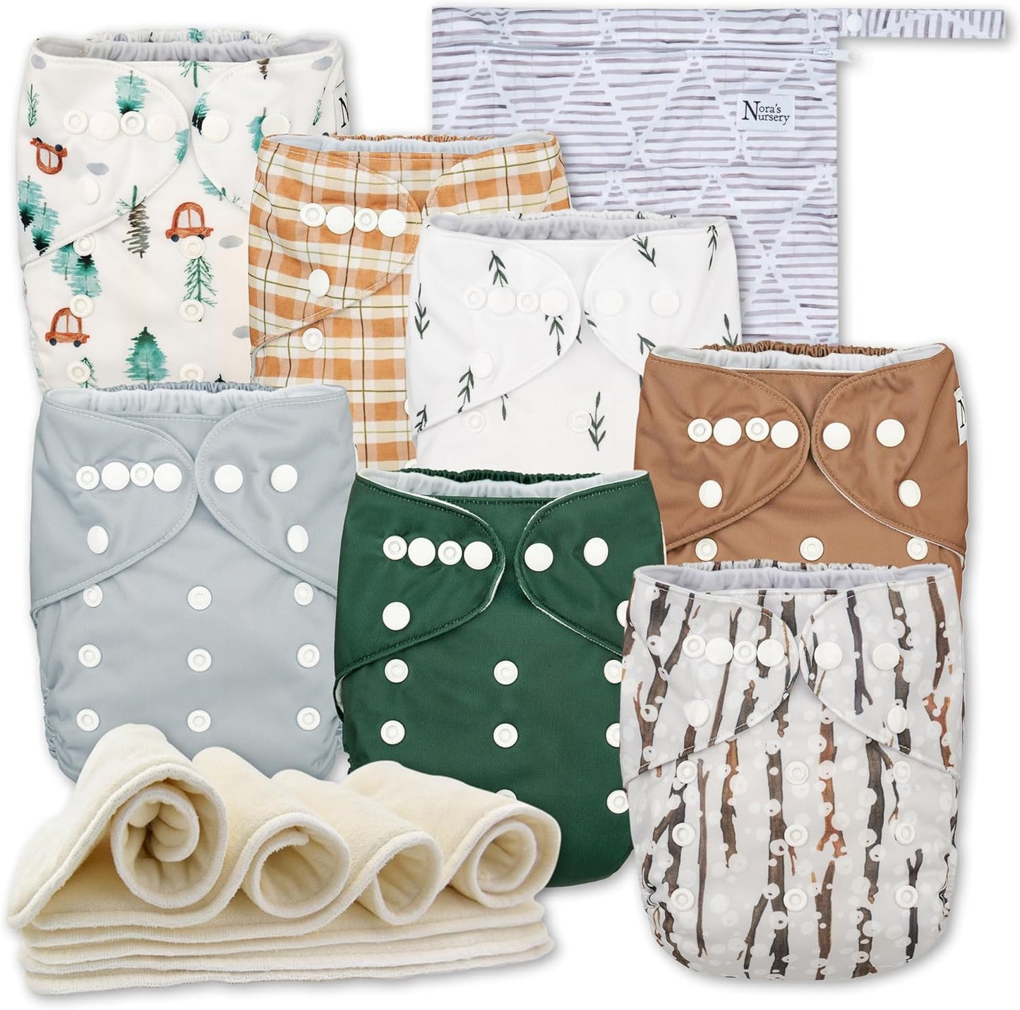 Nora's Nursery Cloth Diapers 7 Pack with 7 Inserts & 1 Wet Bag - Waterproof Cover, Washable, Reusable & One Size Adjustable Pocket Diapers for Newborns and Toddlers - Woodlands