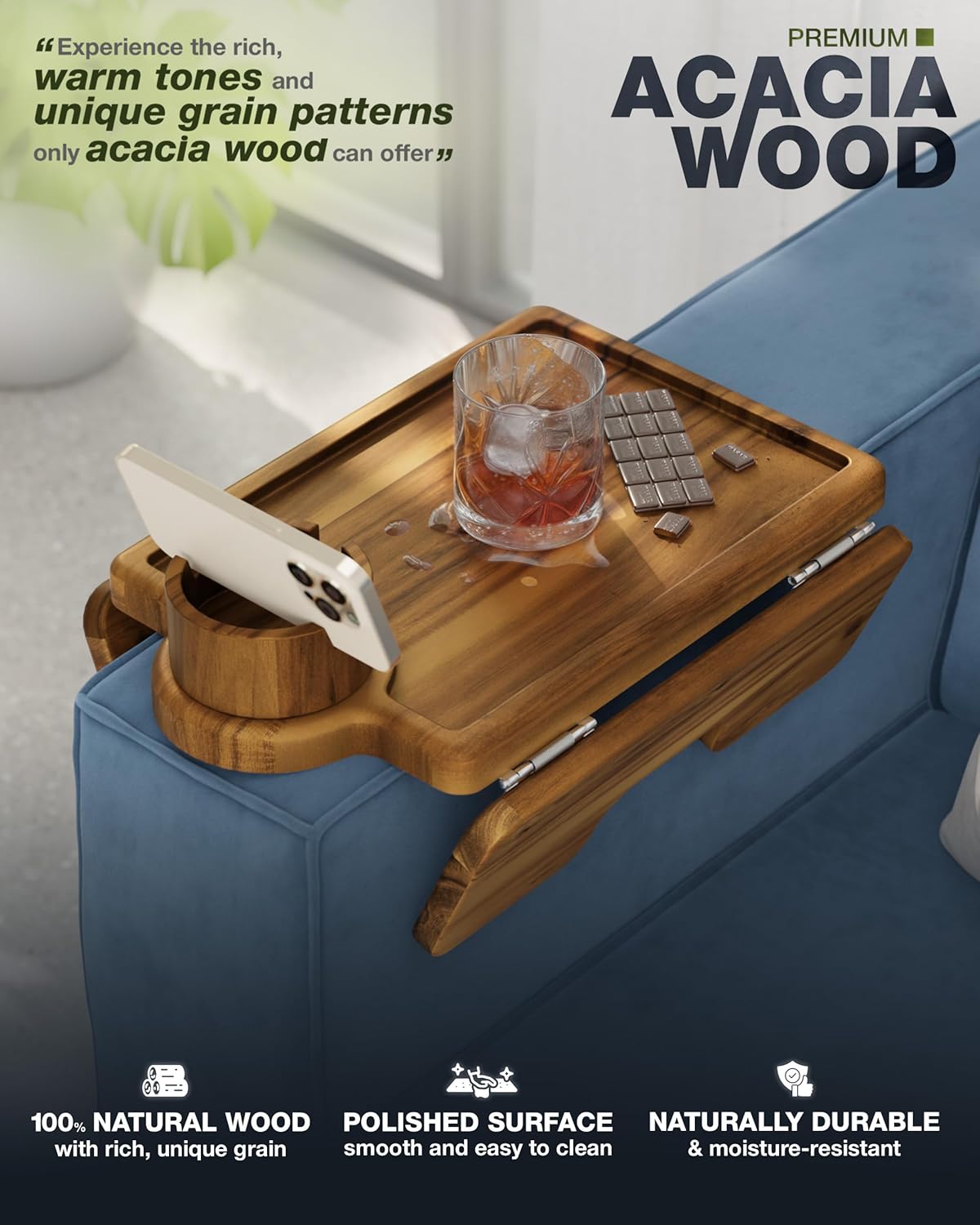 BLUEWEST Couch Cup Holder Tray & Sofa Arm Tray – Large 2-in-1 Acacia Wood Clip-On Side Table with 360° Cup Holder on Armrest, Double SS304 Hinges, Non-Slip for TV Dinners, Remote, Drinks & Snacks