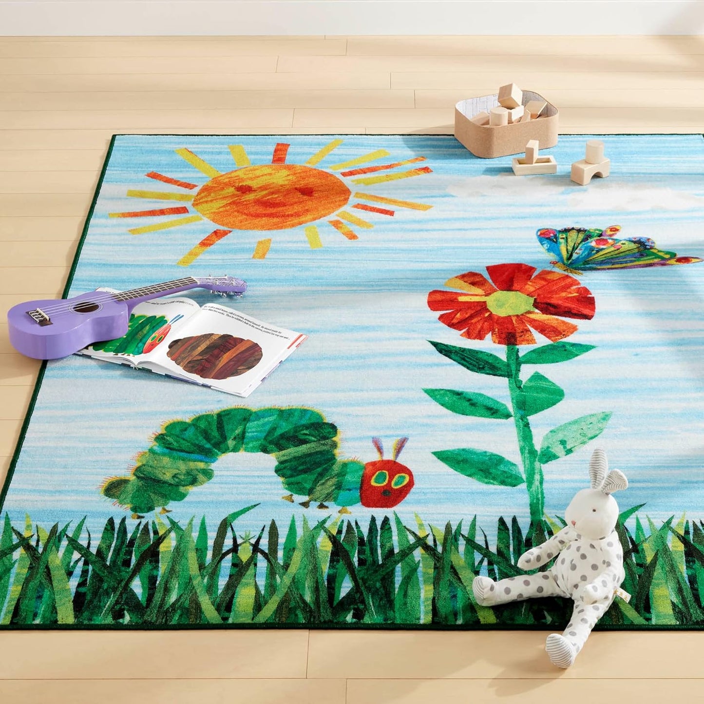 Home Dynamix Eric Carle The Very Hungry Caterpillar Elementary Sun Scene Kids Machine Washable Area Rug, Blue/Green, 35"x51"