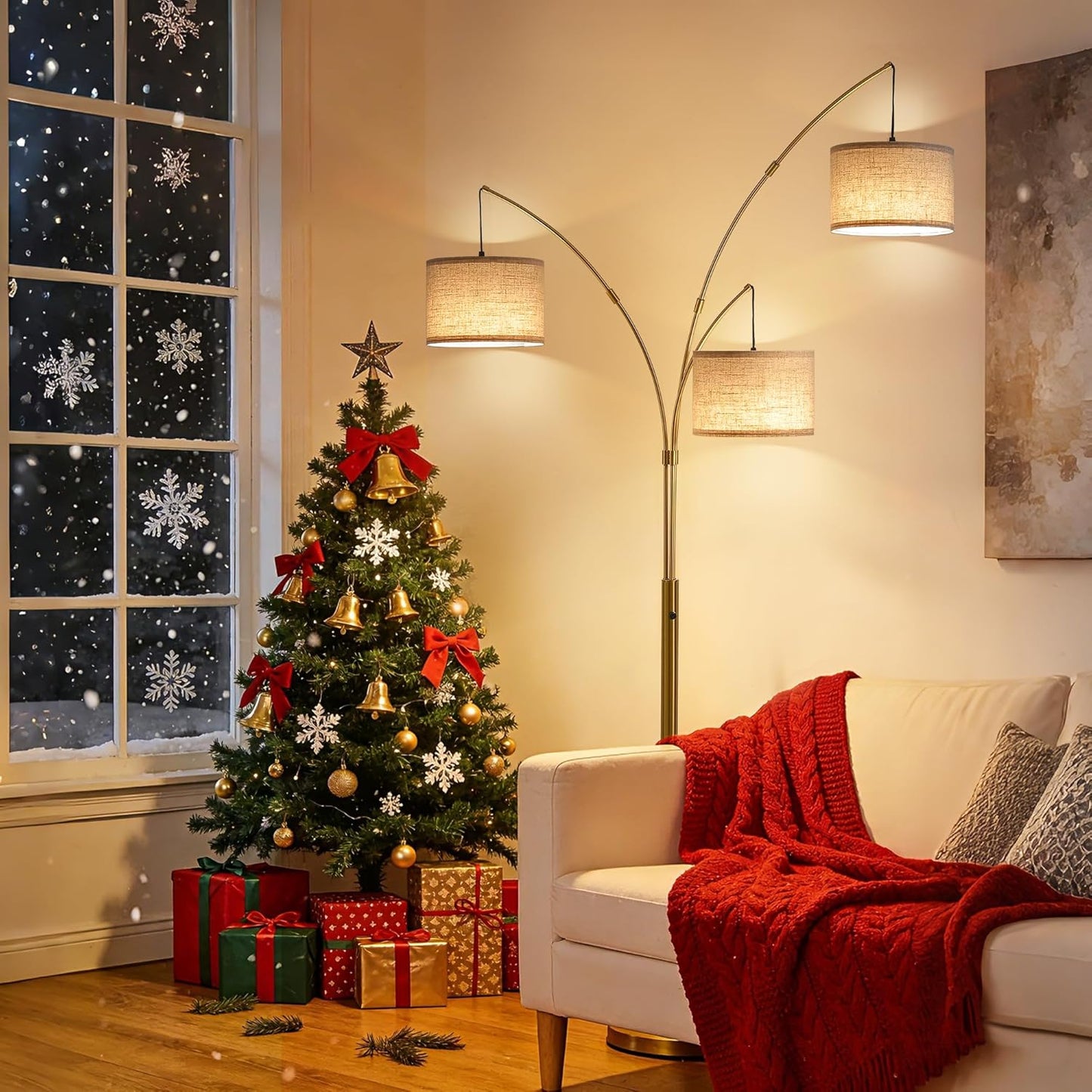 Gold Floor Lamps for Living Room, Super Bright Arc Floor Lamp with Remote Control, 3 Light Tall Floor Lamps with Stepless Dimmable, 80" Mid Century Tree Floor Lamp for Bedroom, Office