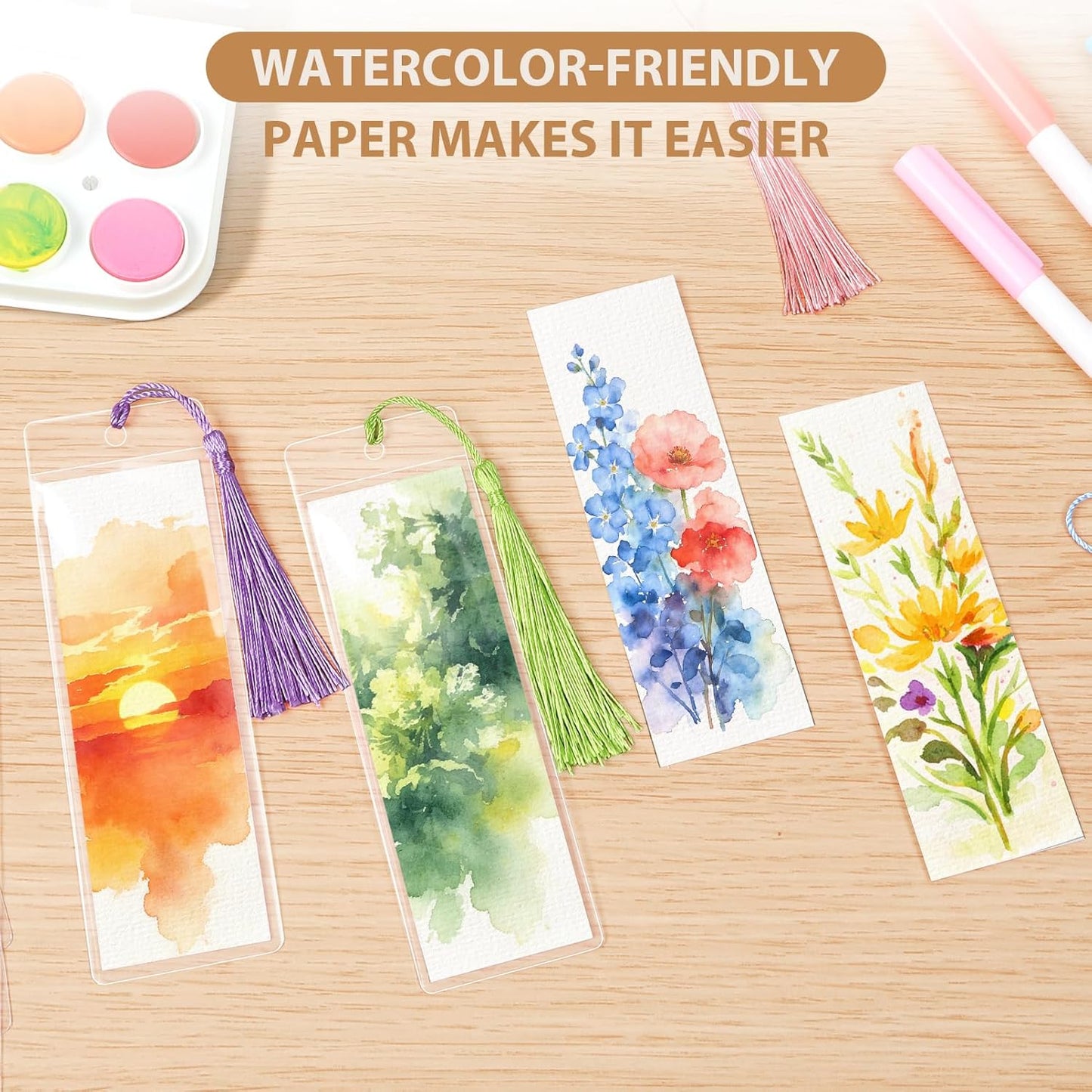 60 Pack Bookmarks with Sleeves & Tassels – Blank Watercolor Paper Bookmarks for DIY Painting, Reading, Classroom Crafts & Gift Tags