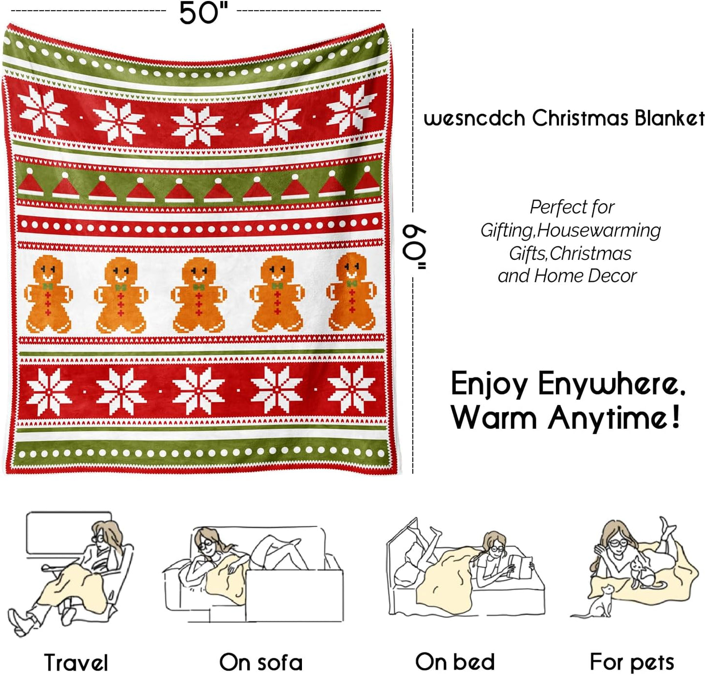 Throw Blanket for Couch 60"x50",Winter Holiday Festival Cute Gingerbread Snowflake Blankets for Woman,Soft Flannel Fleece Throws for Home Living Room Bed Chair Decor