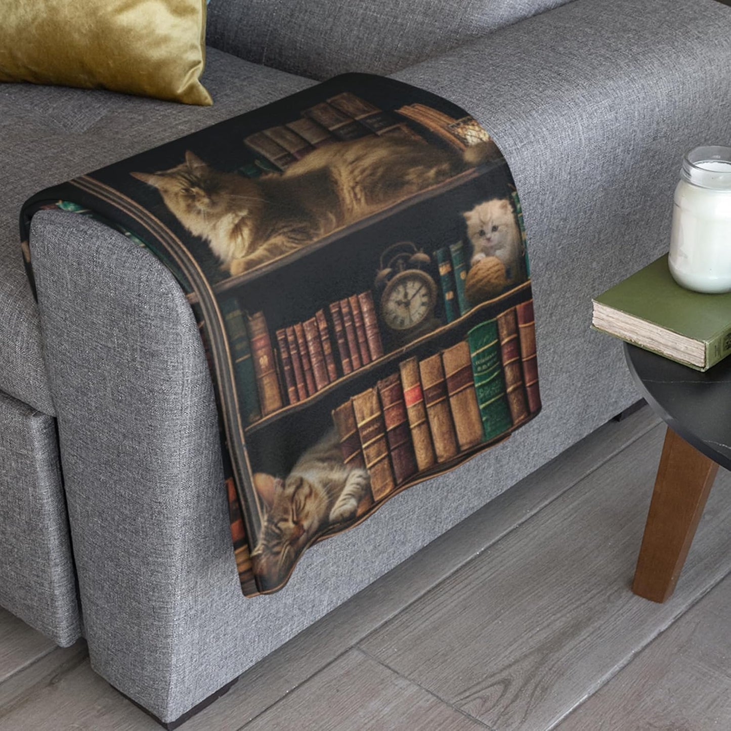 Cozy Book Blanket 50x60, Reading Throw for Readers, Book Lovers Gifts for Women, Reader Gifts, Bookish Present, Librarian Gift, Bookworm Idea, Couch Bed Decor, Vintage Library Bookshelf Cats Print