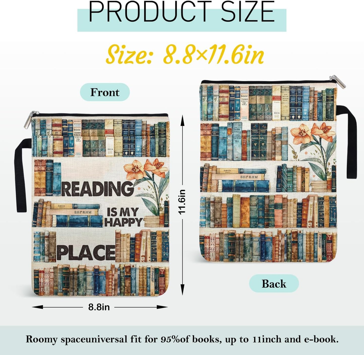 Reading is My Happy Place Book Sleeve for Book Lovers, Paperback Sleeve for Librarian Lovers Bookish Group Club Gifts for Women, Book Cover with Zipper and Front Pocket for paperbacks 9 x 12 Inch