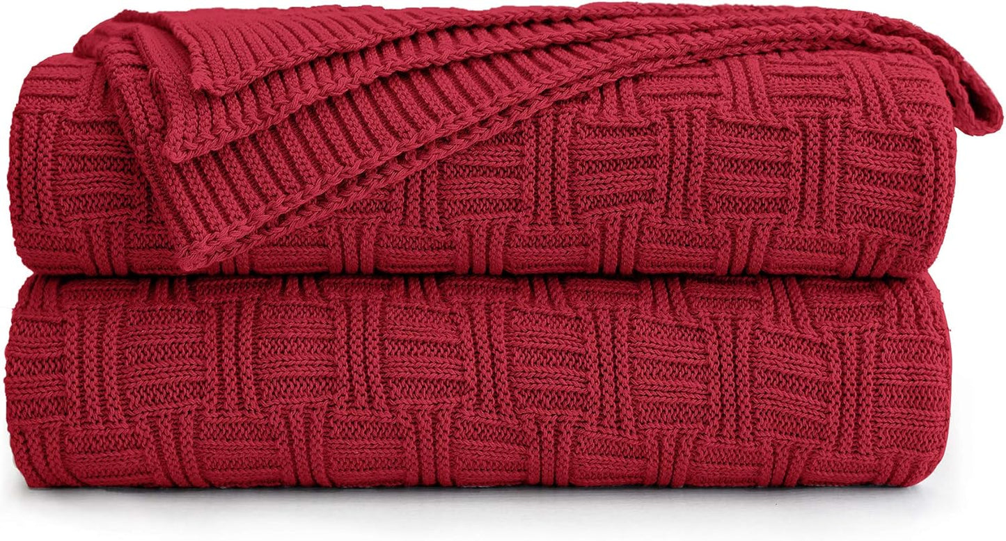 Cotton Red Knit Throw Blanket for Couch Sofa Beach Chair Bed Home Decorative Soft Warm Cozy Cable Lightweight Knitted Blankets, 50 x 60 Inch