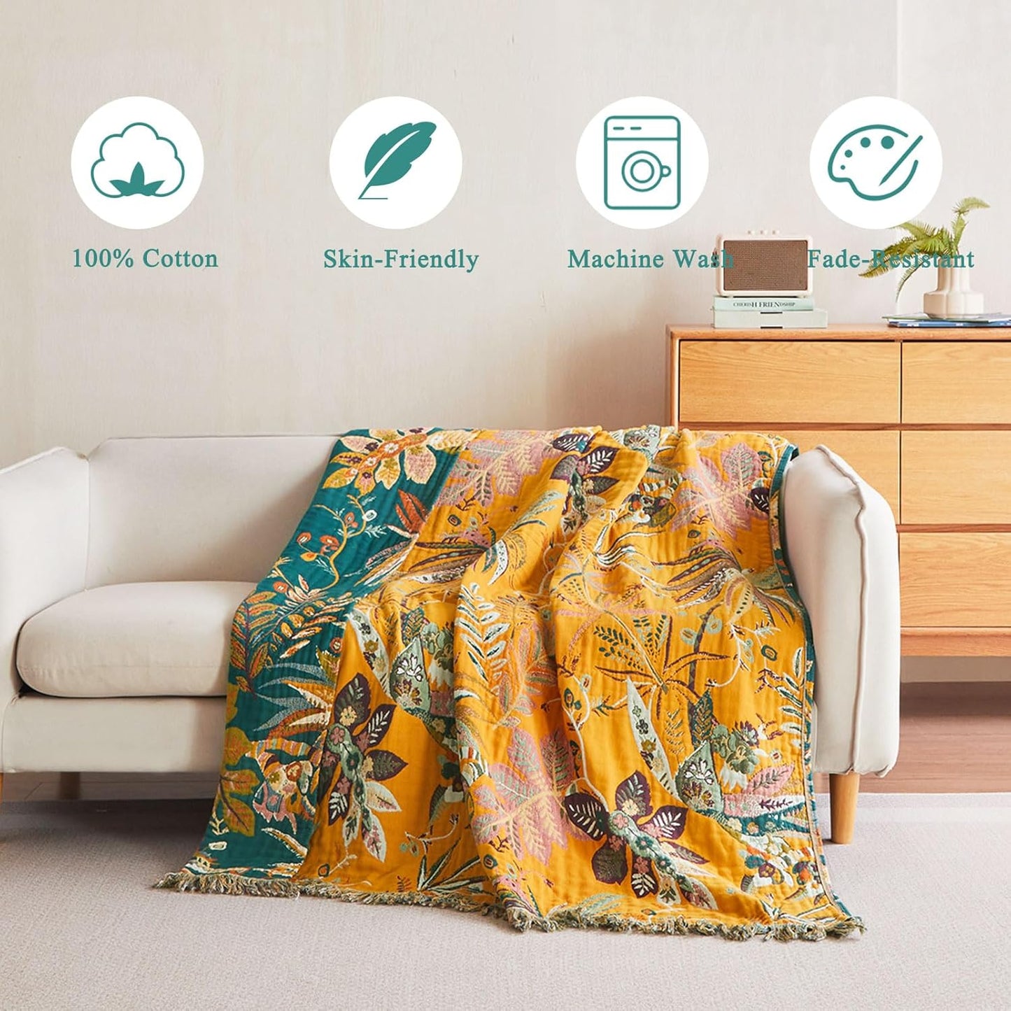 Boho Throw Blanket - 60"x80" Soft Cotton Throw Blanket Muslin Blankets for Bed, Reversible Lightweight Spring Blanket with Floral Printed, All Season Farmhouse Decor Rustic Blanket