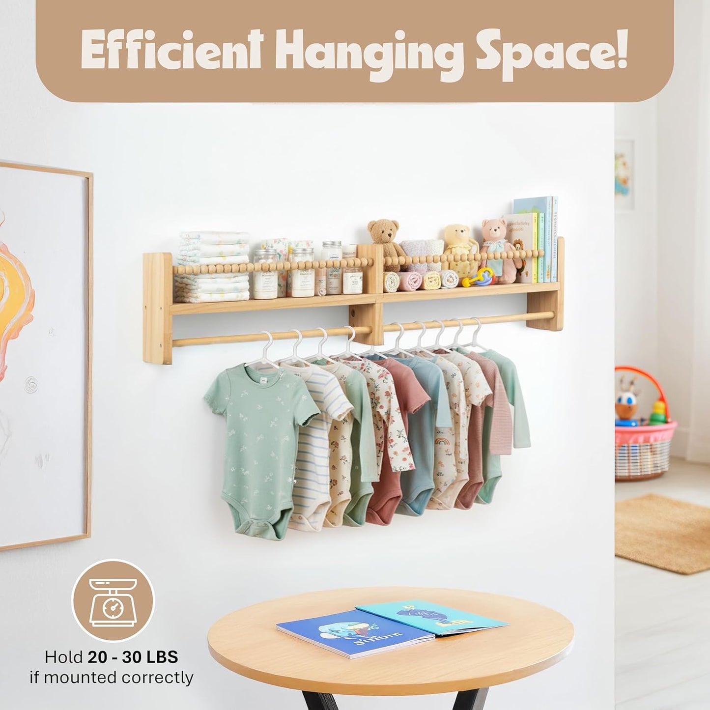 Floating Book Shelves for Nursery – Nursery Shelves for Wall with Hanging Rod – Set of 3 Wooden Wall-Mounted Shelves, Rounded Edges, Bookshelf for Kids Room Decor, 31.5" x 3.9" x 3.7
