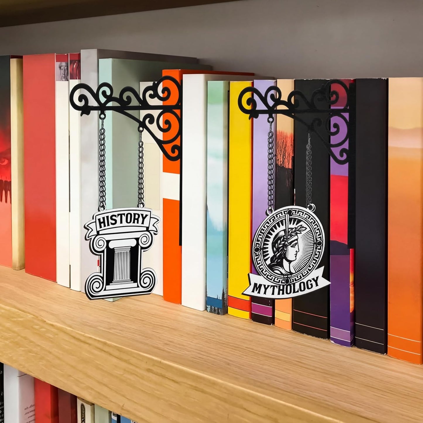 Set of 10 Vintage Literary Style Wooden Book Genre Signs for Bookshelf Genre Labels with Hanging Brackets Medieval Tavern Wall Art Home Library Book Dividers for Shelves Reading Library Decor