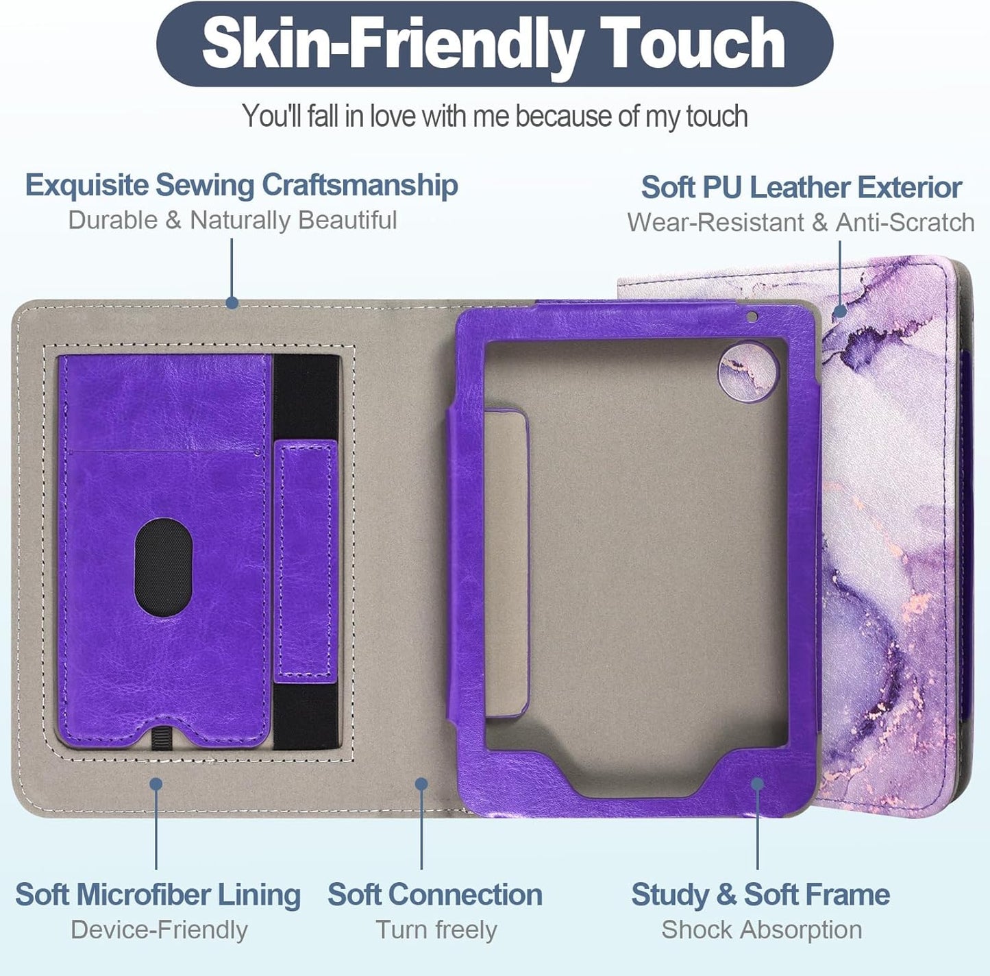 Caweet Case for Kobo Clara Colour/BW 6 Inch 2024 Release, Premium PU Leather Foldable Stand Protective Sleeve Cover with Card Slot and Hand Strap, Lilac Marble