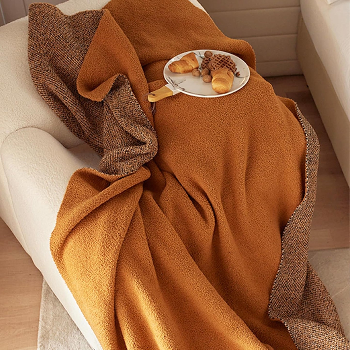 Burnt Orange Throw Blanket 50x70, Reversible Textured Fleece Blankets for Couch and Bed, Soft Warm Decorative Cozy Sofa Blanket for All Seasons