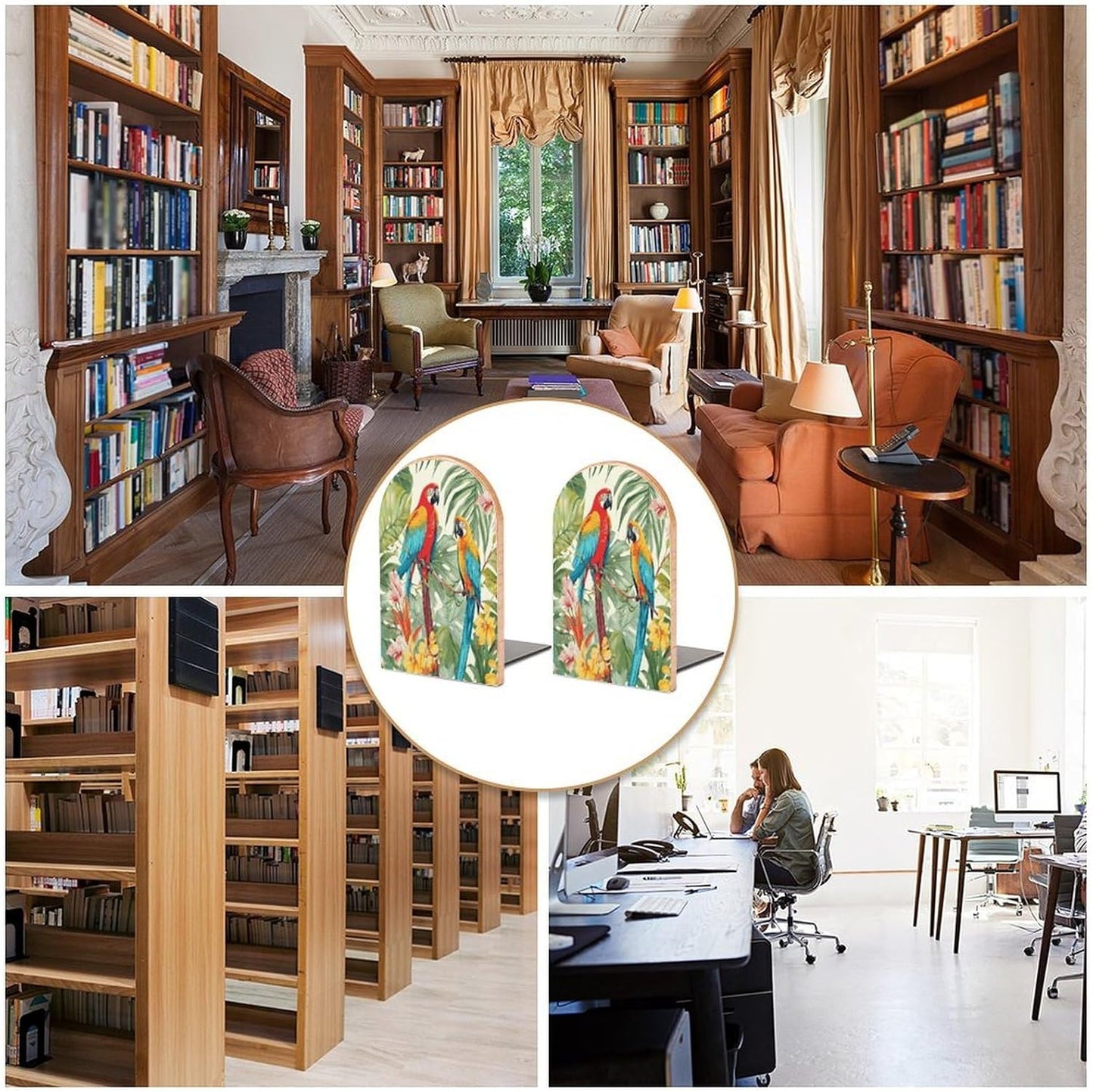 Tropical Plants and Parrots Bookends 1 Pair Heavy Duty Book Ends for Shelves Non-Skid Bookend Supports Wooden Book Holders with Metal Base Desk Organizers Books Storage to Hold Books