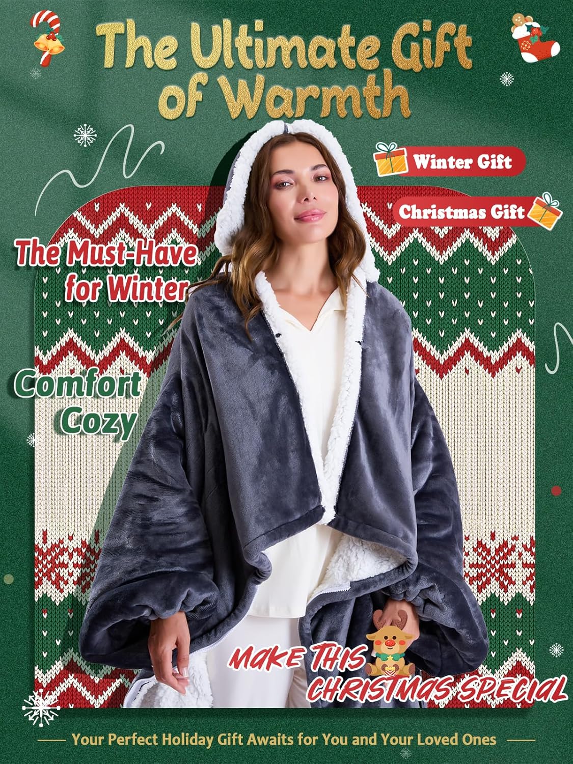 Wearable Heated Blanket Electric Snuggle Throw Blankets,Flannel&Sherpa Heating Blanket with Sleeves Foot Pocket