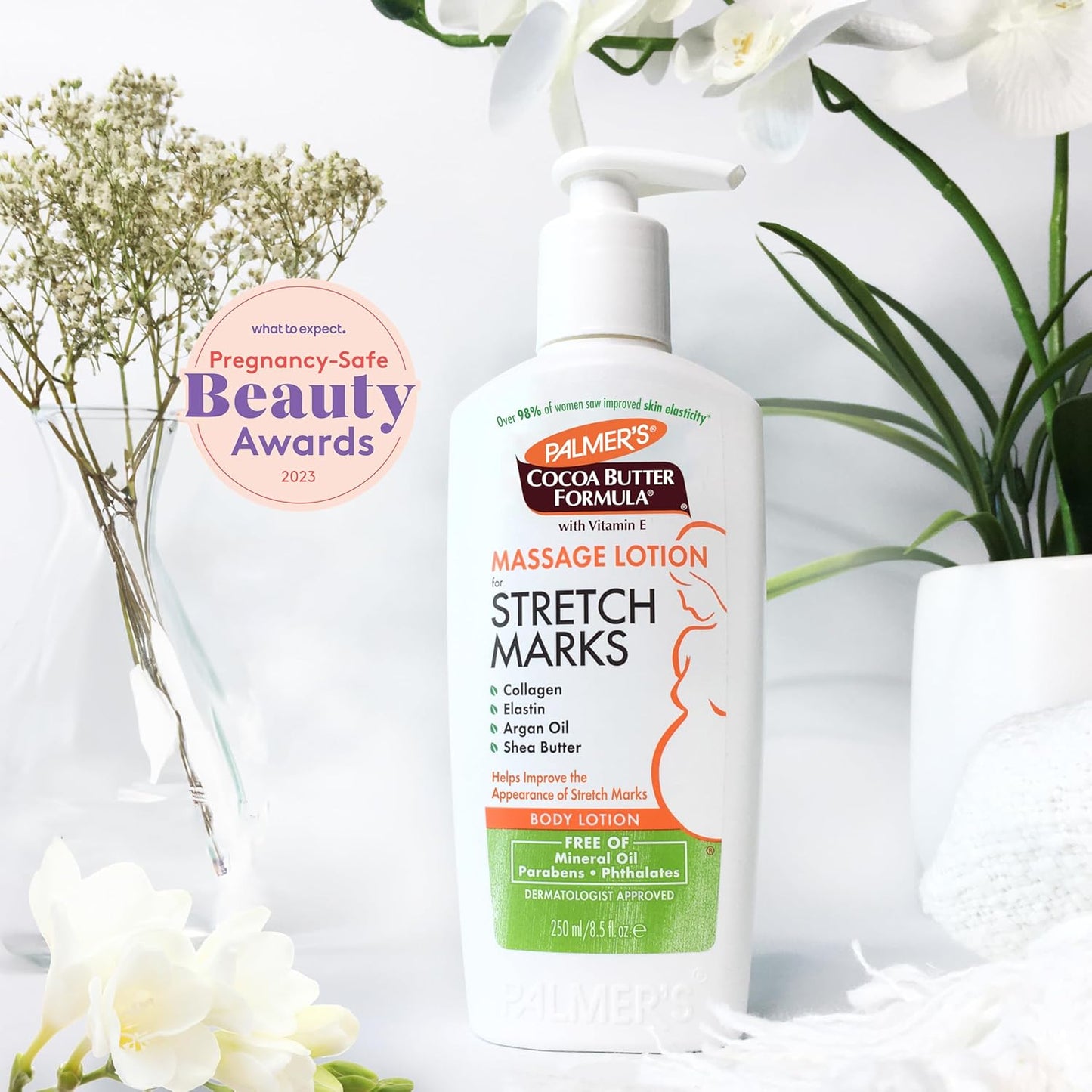 Palmer's Cocoa Butter Formula Massage Lotion For Stretch Marks, Pregnancy Skin Care, Belly Cream with Collagen, Elastin, Argan OIl and Shea Butter, 8.5 Ounces